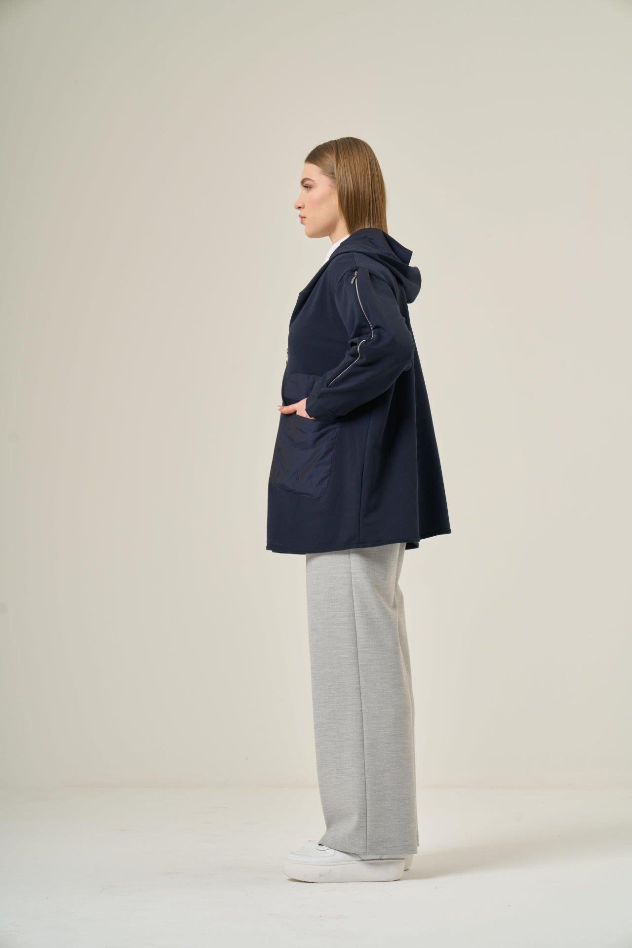 Lacivert  Fermuarlı Pamuk Hoodie