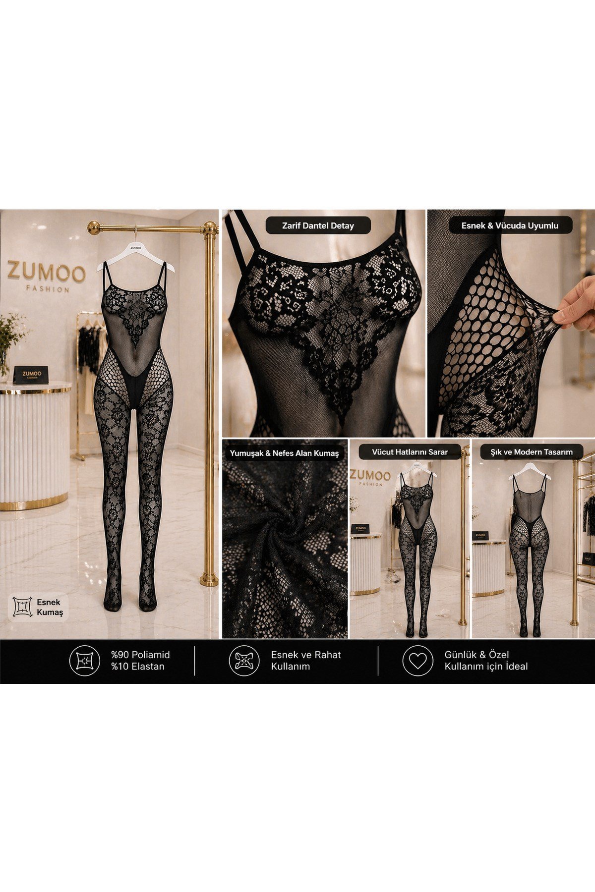 Dantel Detaylı Vücut Çorabı Kadın Transparan Fantazi Body Çorap Tulum
