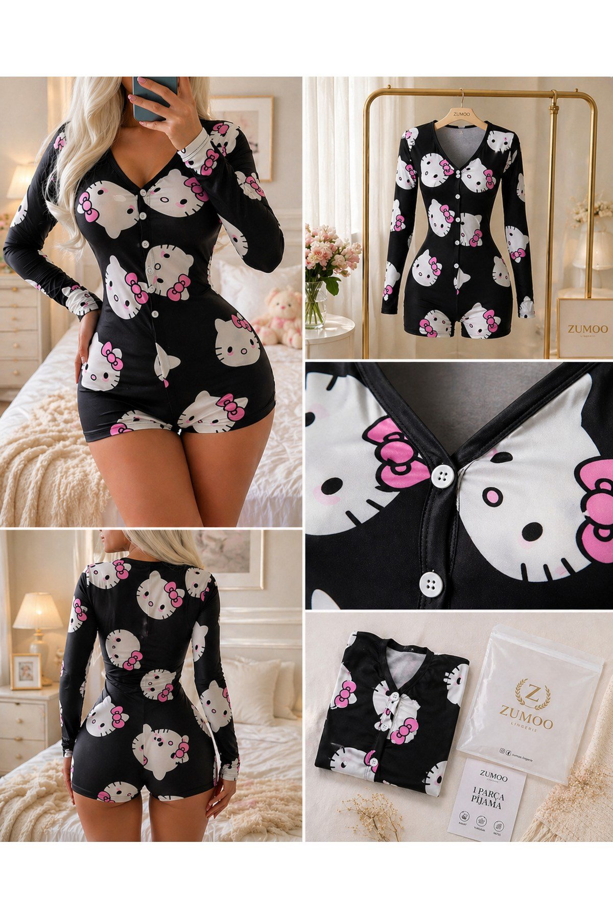 Desenli Kadın Tulum Pijama Düğmeli Uzun Kollu Şort Tulum Ev Giyim Rahat