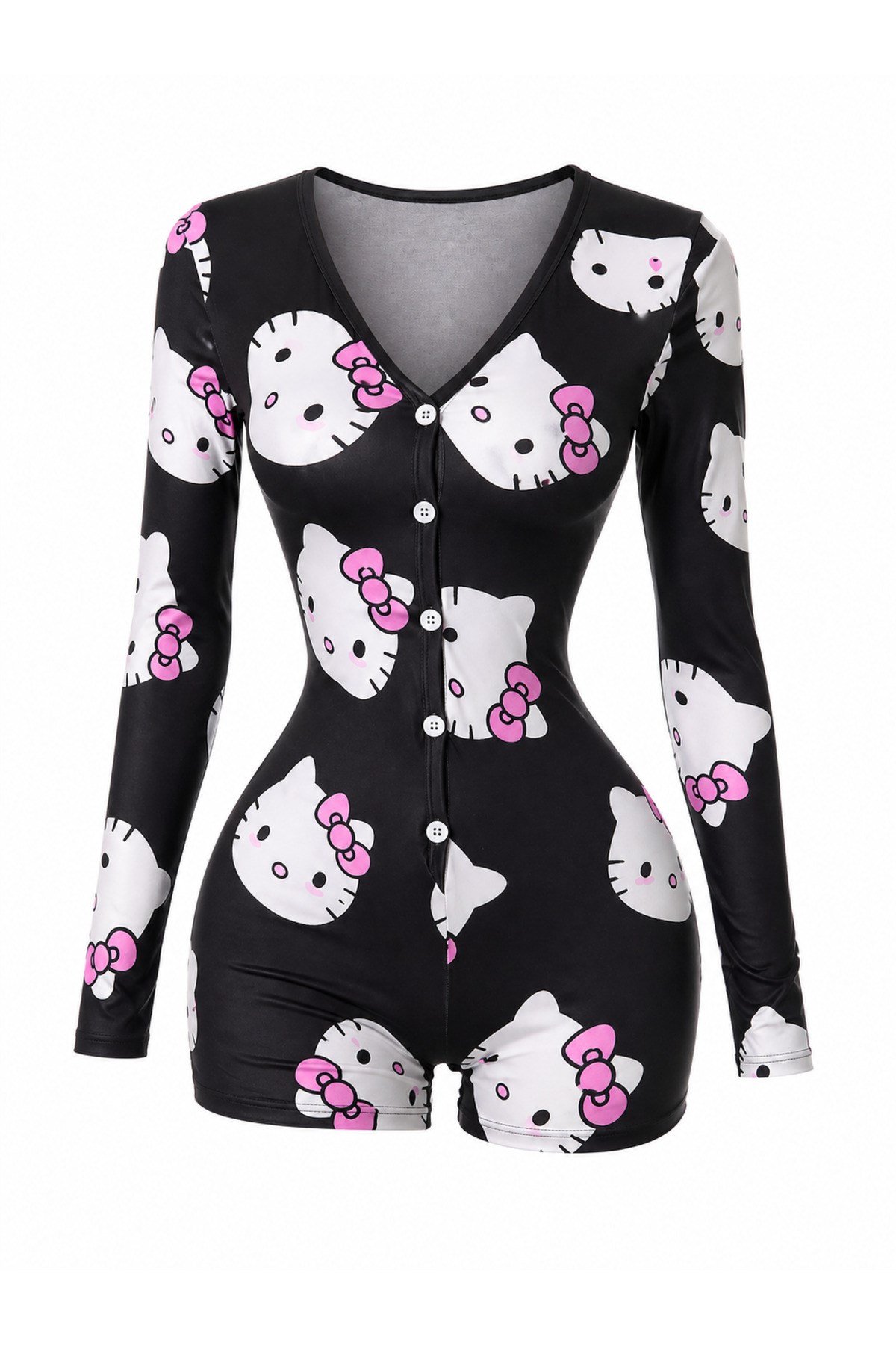 Desenli Kadın Tulum Pijama Düğmeli Uzun Kollu Şort Tulum Ev Giyim Rahat