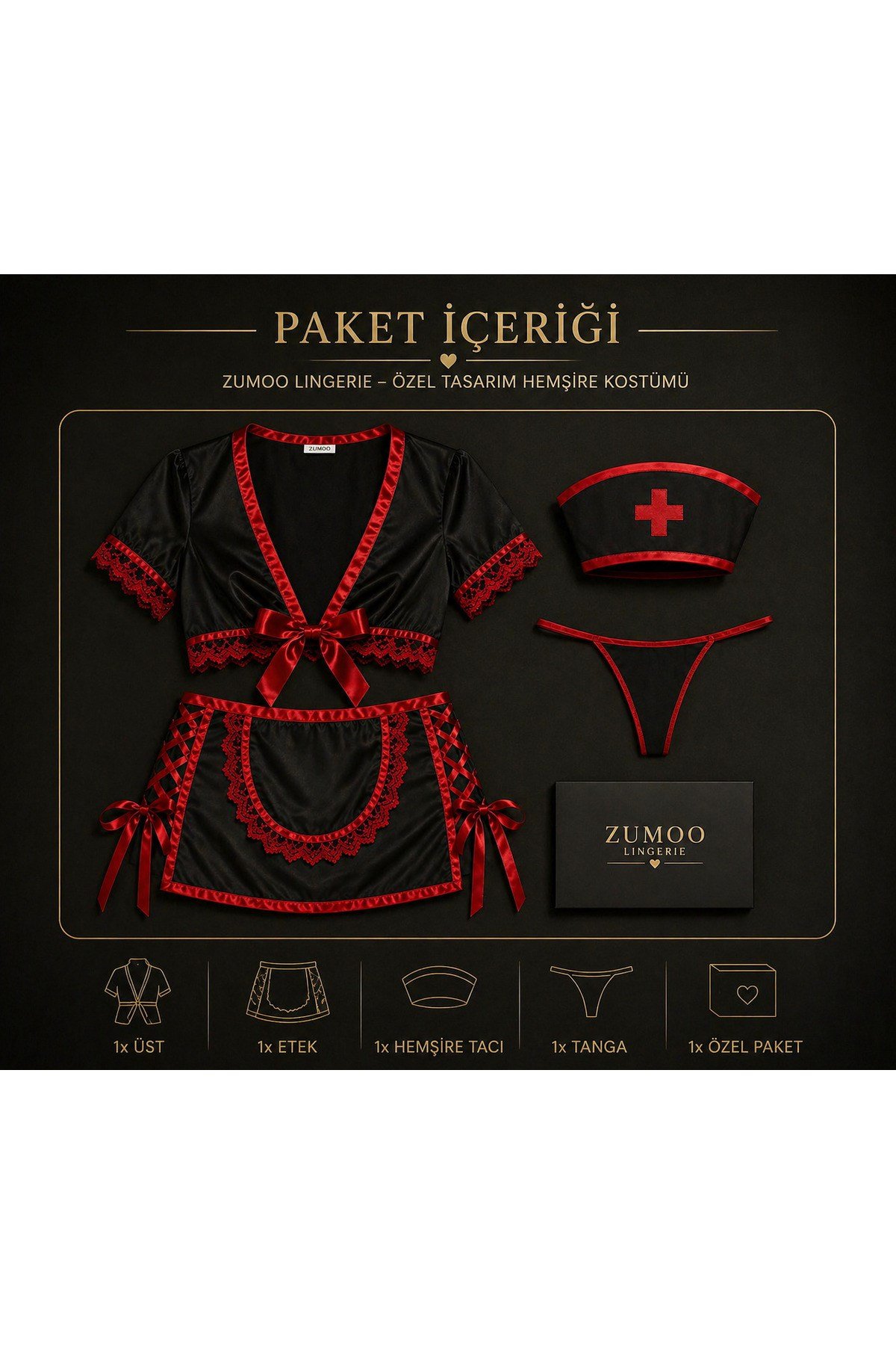 Fantezi Kostümü 3 Parça Set Seksi Kadın İç Giyim Özel Tasarım
