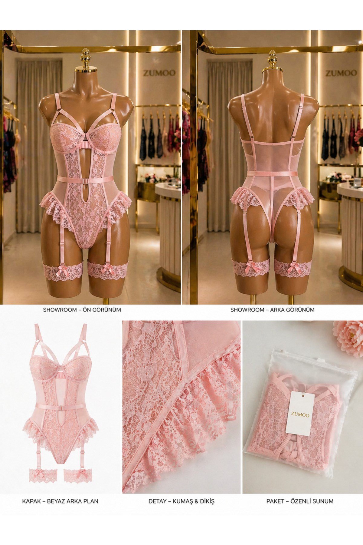 Kadın Dantel Fantazi Body Jartiyer Detaylı İç Giyim Takımı (Pembe & Mavi)