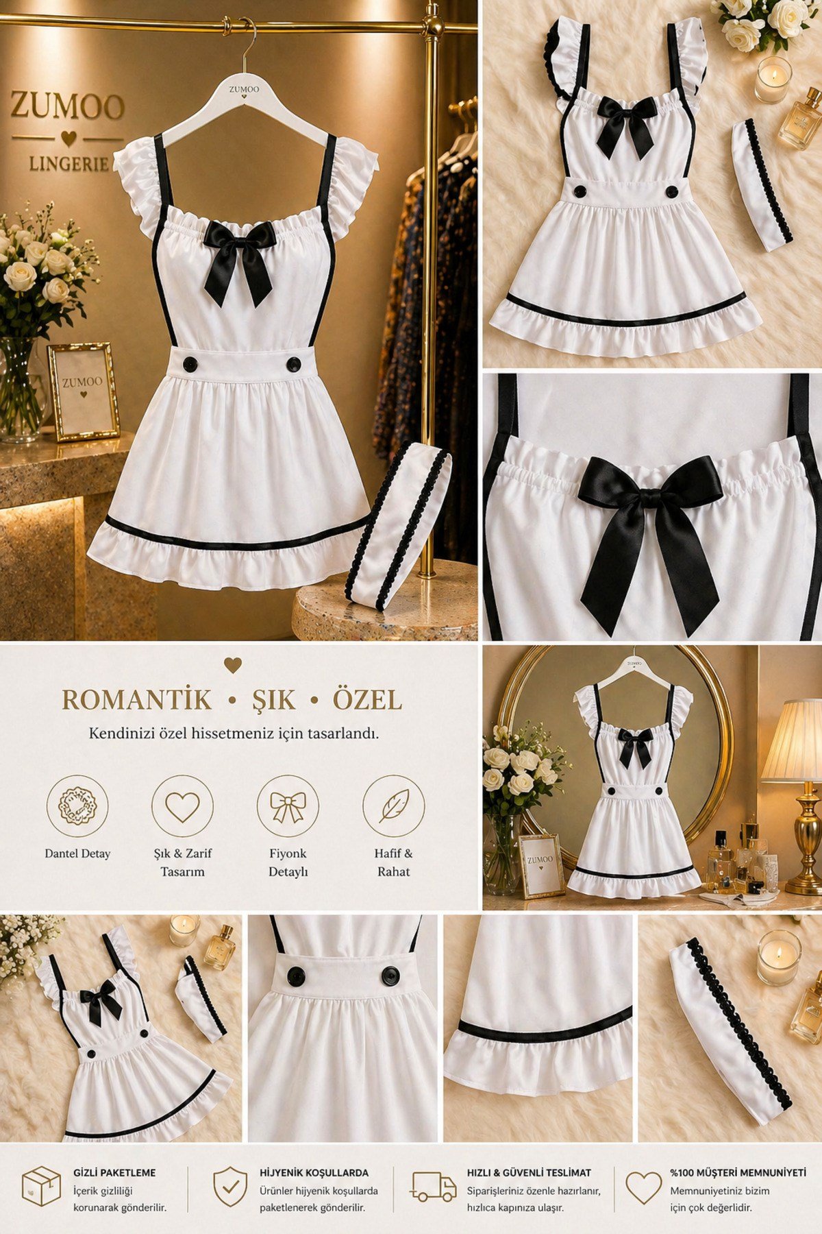 Kadın Fantezi aşçı Kostümü Beyaz Dantel Detaylı Apronlu Cosplay fantazi Set