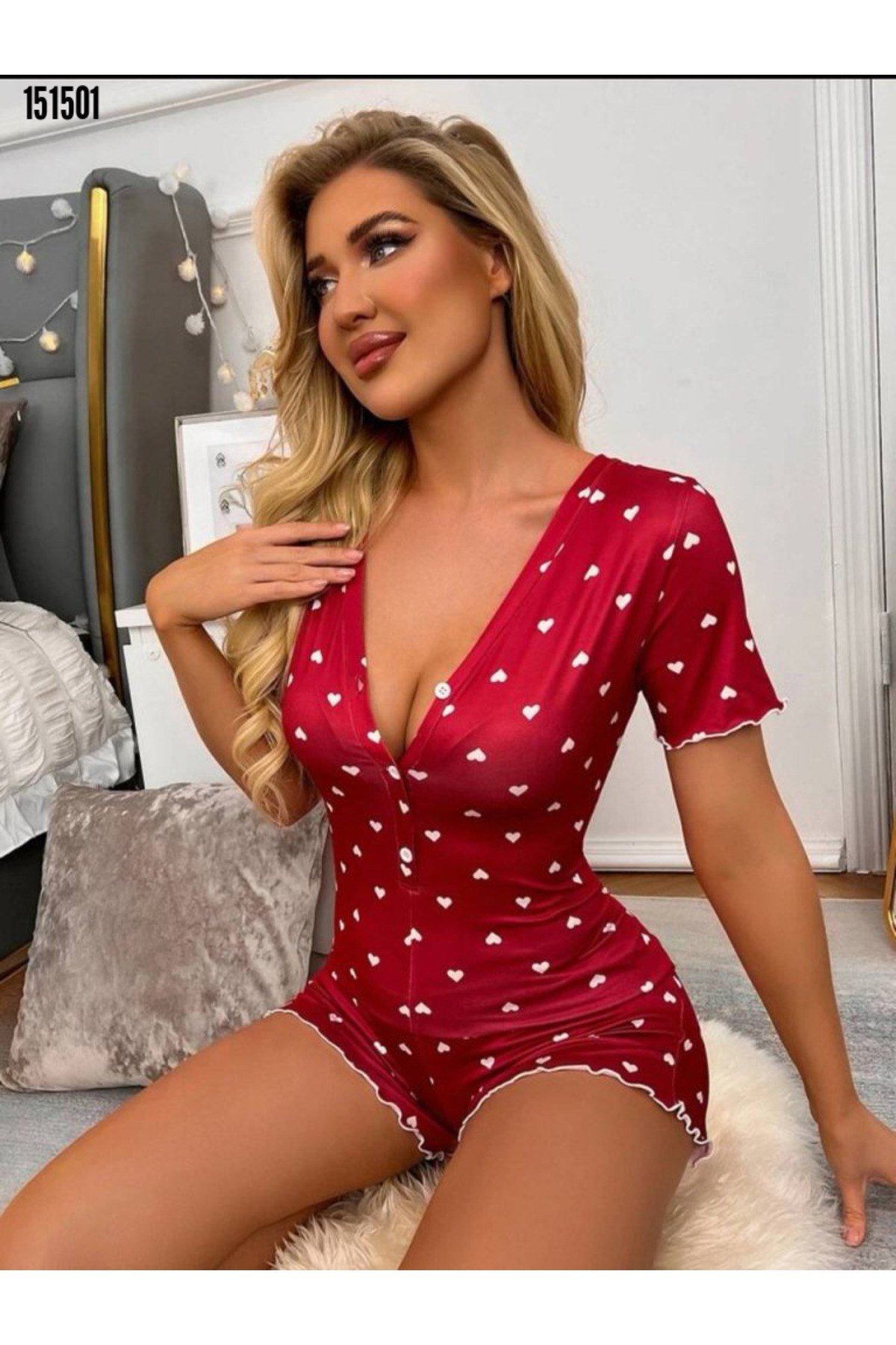 Kalp Desenli Kadın Tulum Pijama Düğmeli Şort Tulum Ev Giyim Rahat Şık