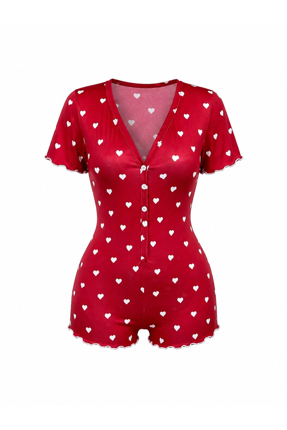 Kalp Desenli Kadın Tulum Pijama Düğmeli Şort Tulum Ev Giyim Rahat Şık