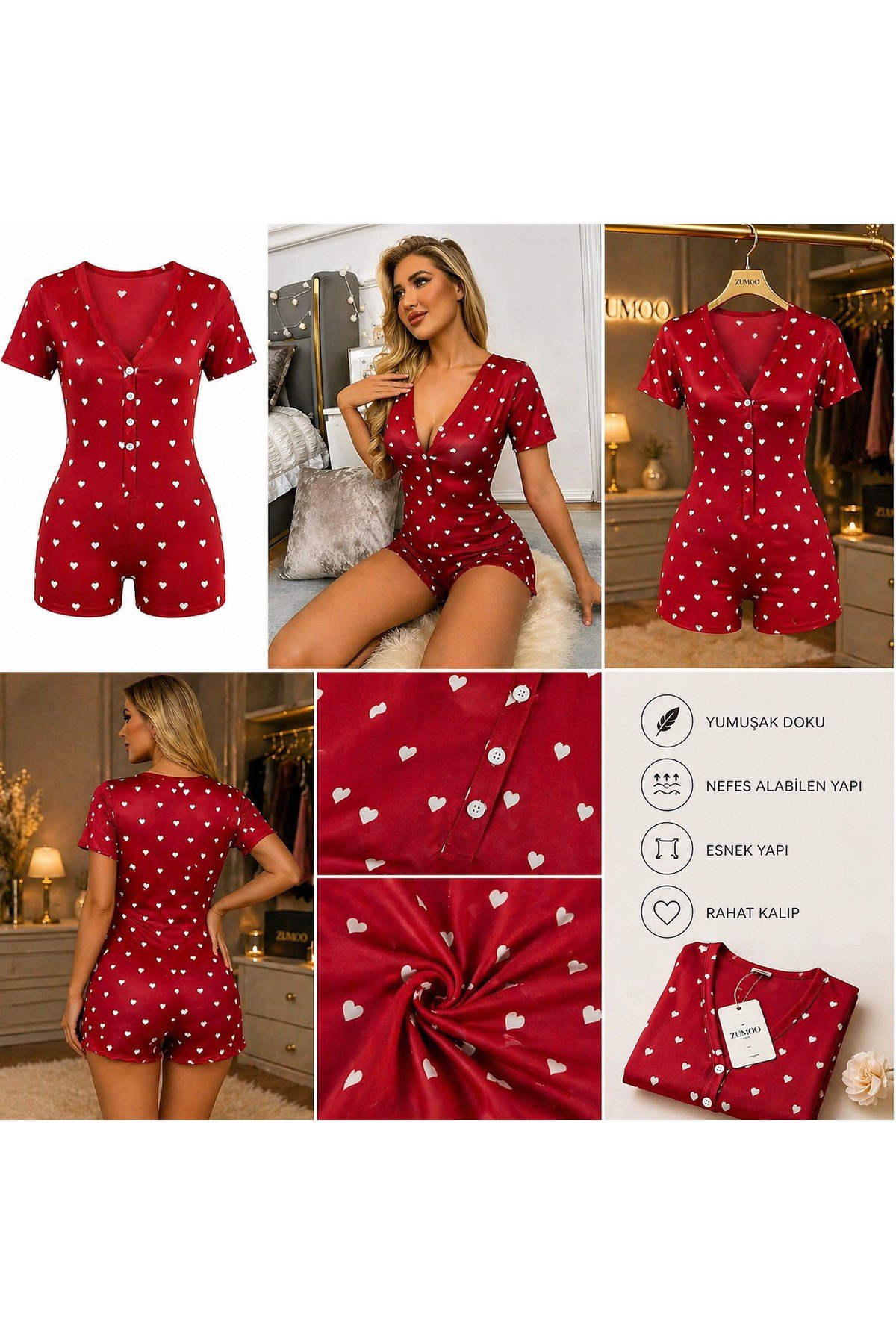 Kalp Desenli Kadın Tulum Pijama Düğmeli Şort Tulum Ev Giyim Rahat Şık