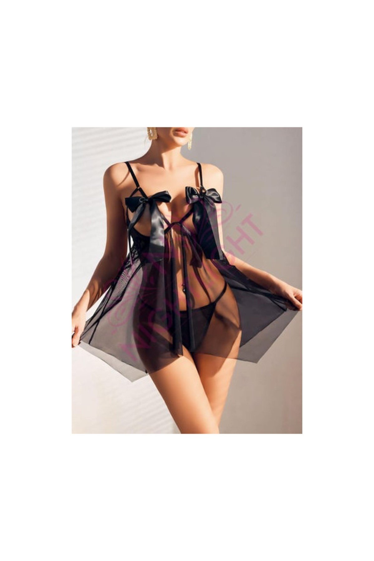 Premium Transparan Tül Gecelik Fiyon Detaylı Seksi Kadın İç Giyim Takım