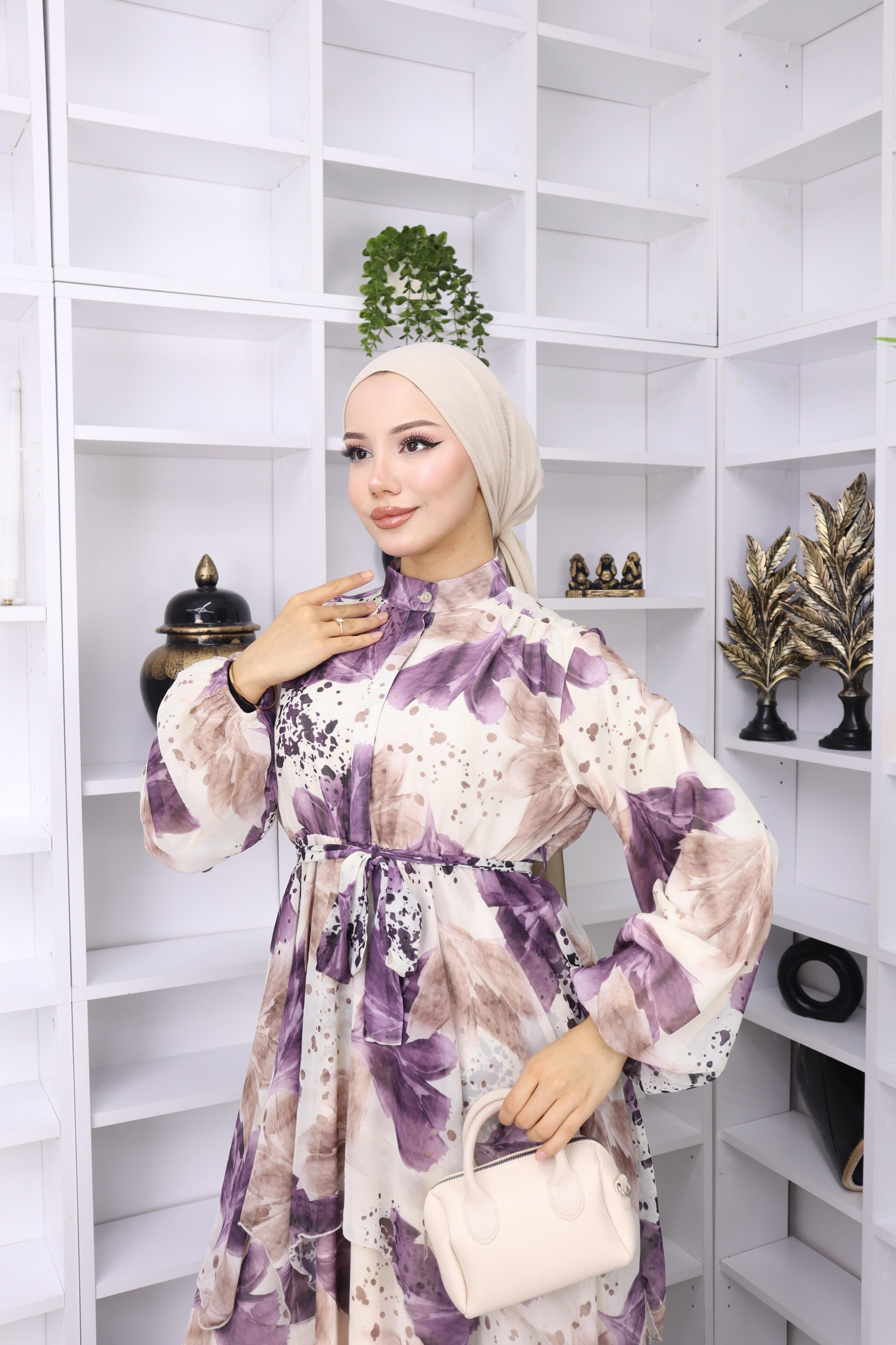 Biyeli Desenli Şifon Elbise Lila