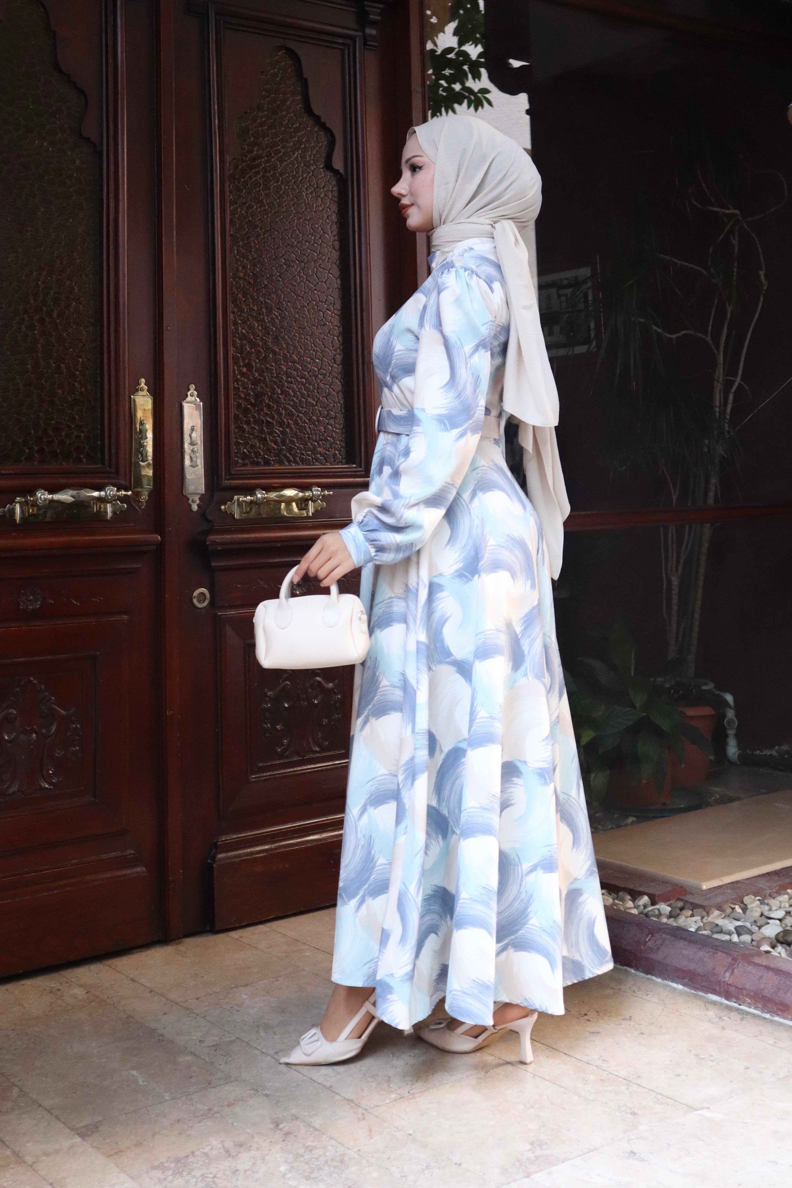 Elegant Wave Desenli Kuşaklı Elbise Mavi