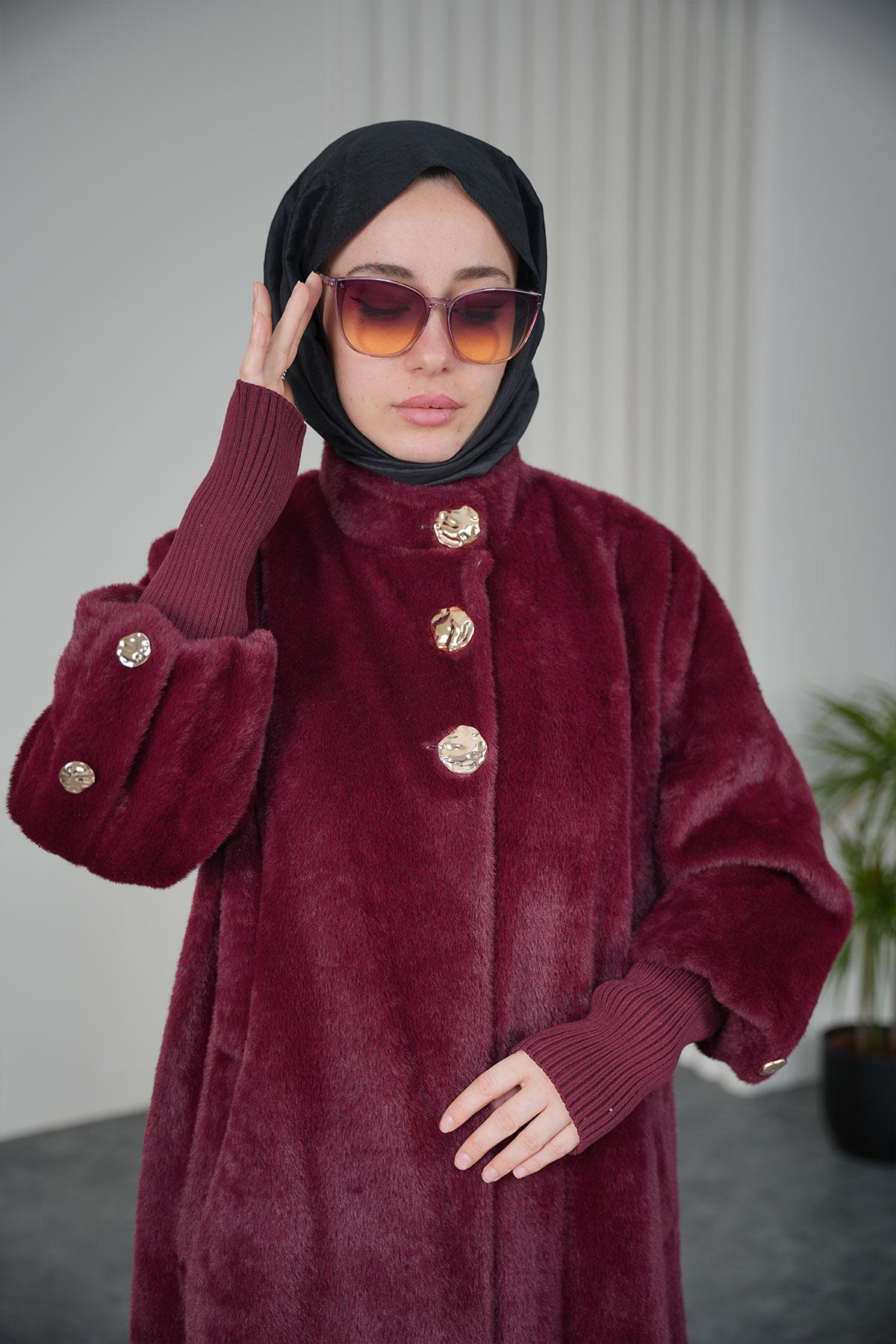 Gold Düğmeli Angora Kaban - Bordo
