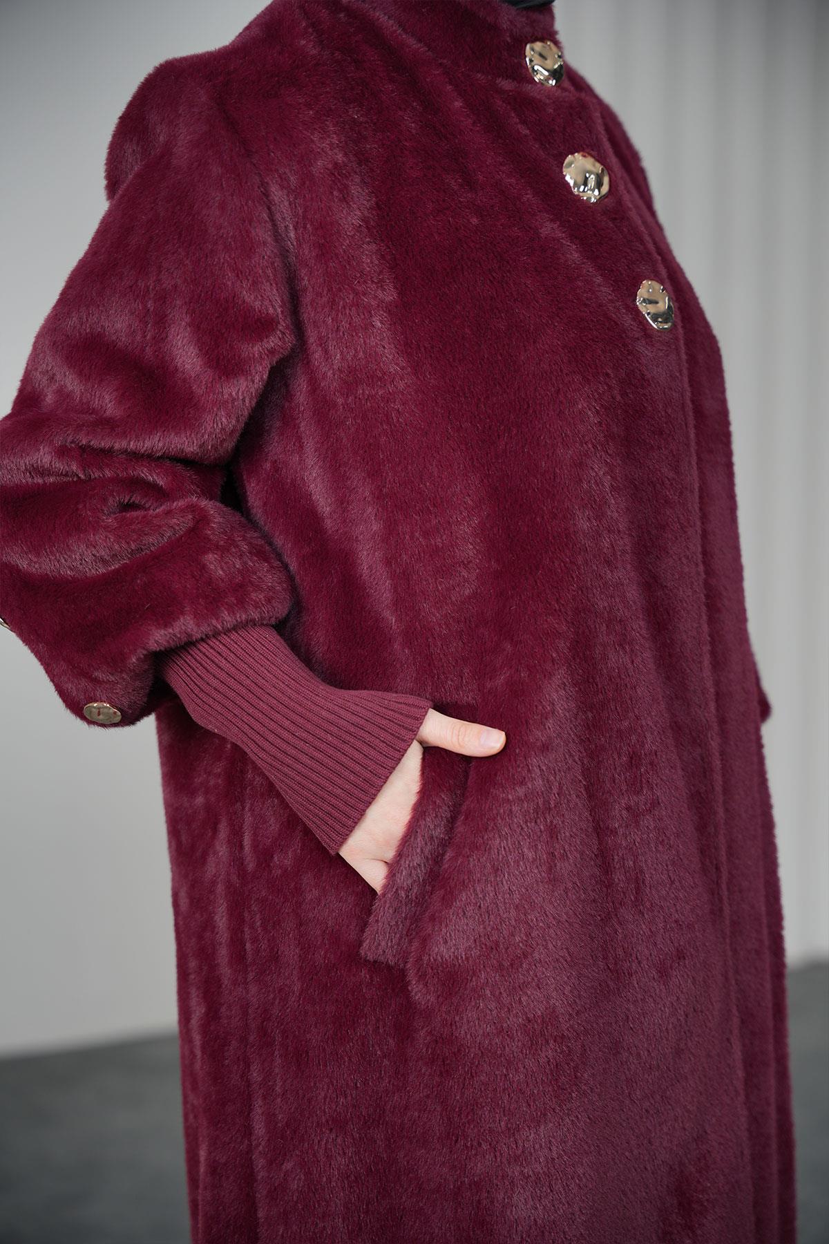 Gold Düğmeli Angora Kaban - Bordo