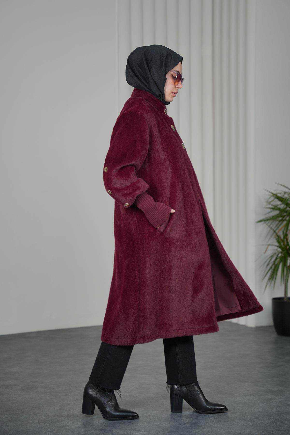 Gold Düğmeli Angora Kaban - Bordo