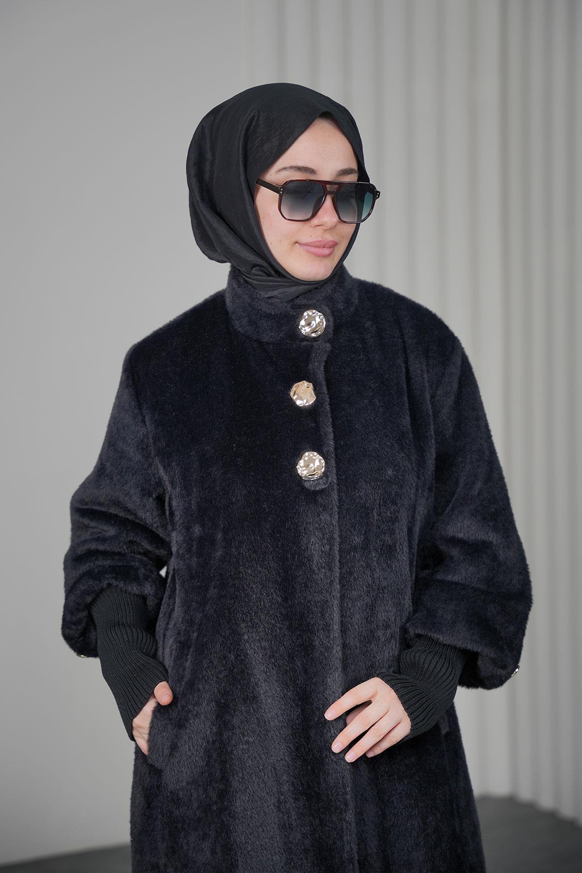 Gold Düğmeli Angora Kaban - Siyah