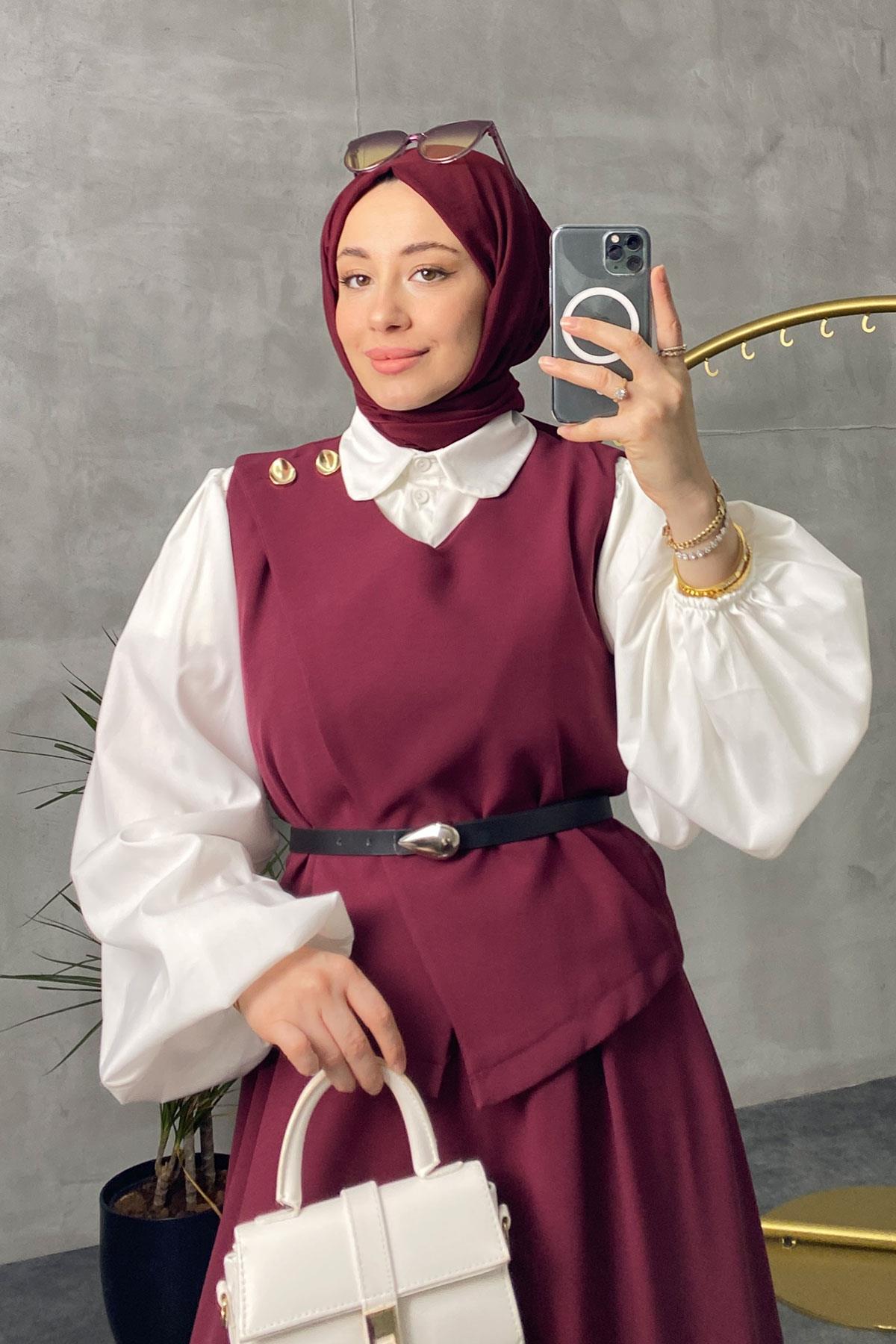 Kemerli Etek Takım Bordo