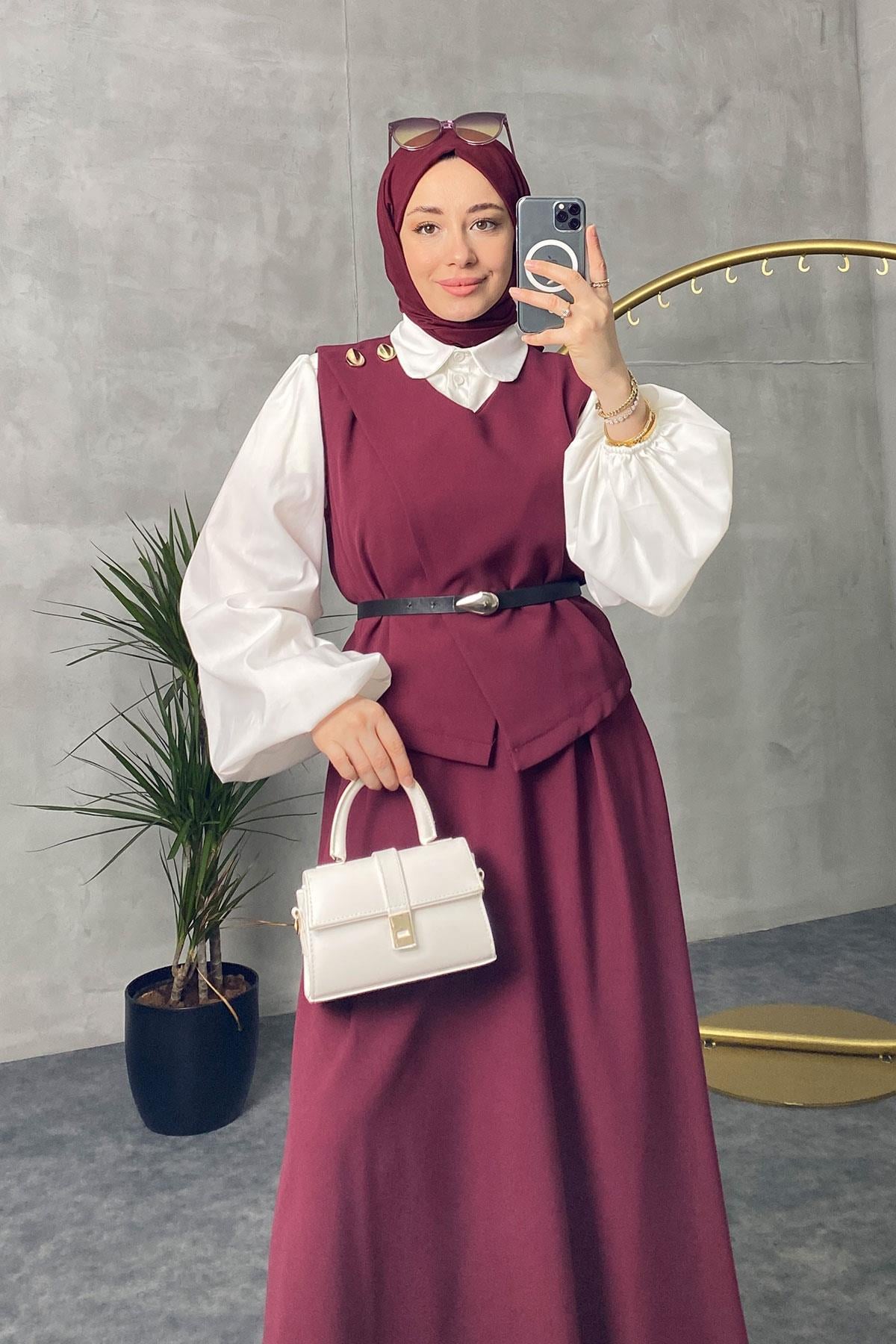 Kemerli Etek Takım Bordo