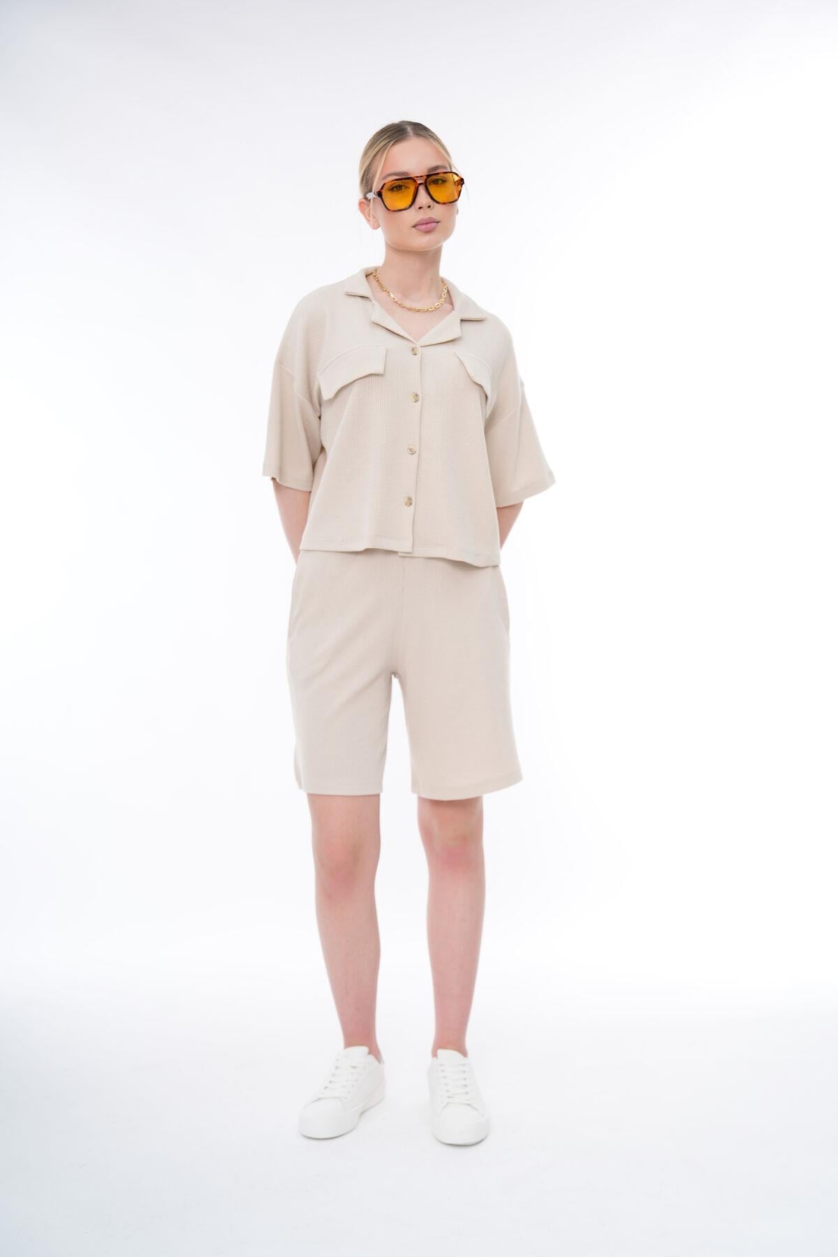 Basic Rahat Kalıp Crop Şort Takım 25044