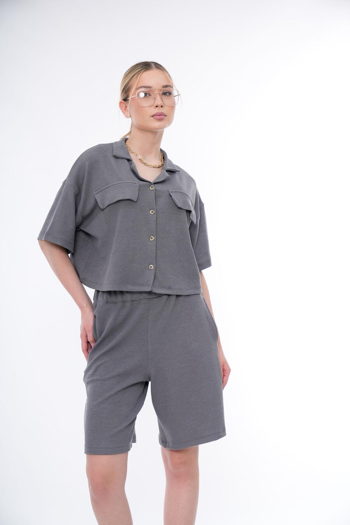 Basic Rahat Kalıp Crop Şort Takım 25044