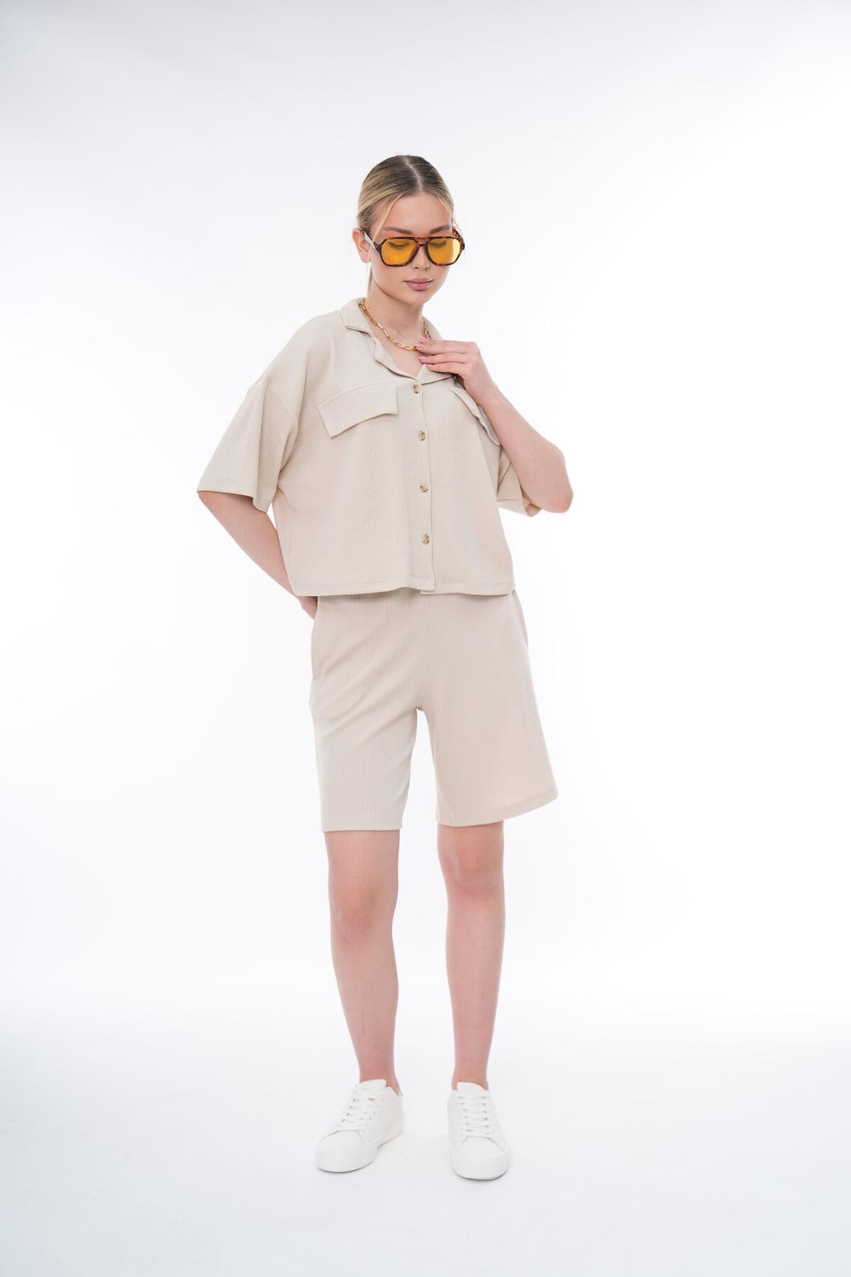 Basic Rahat Kalıp Crop Şort Takım 25044