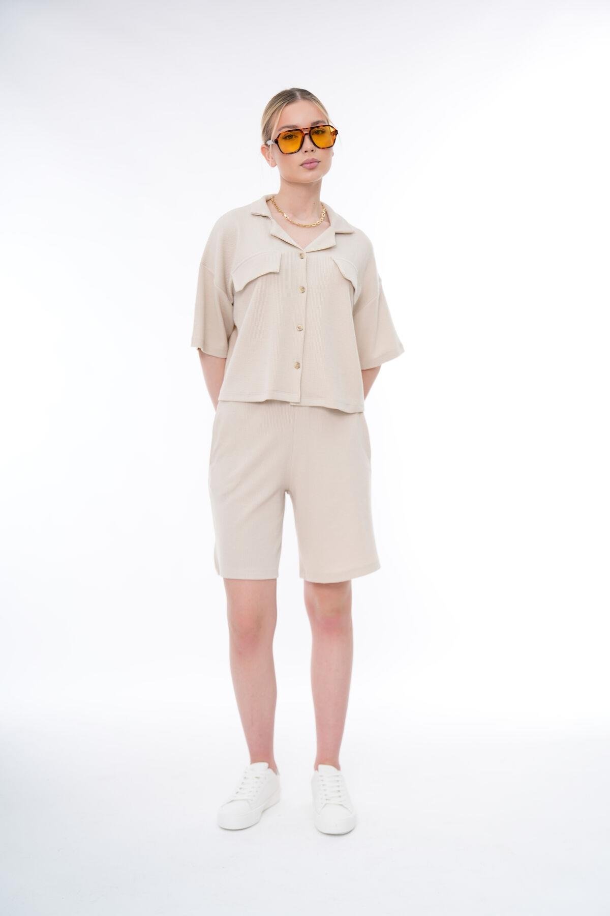 Basic Rahat Kalıp Crop Şort Takım 25044