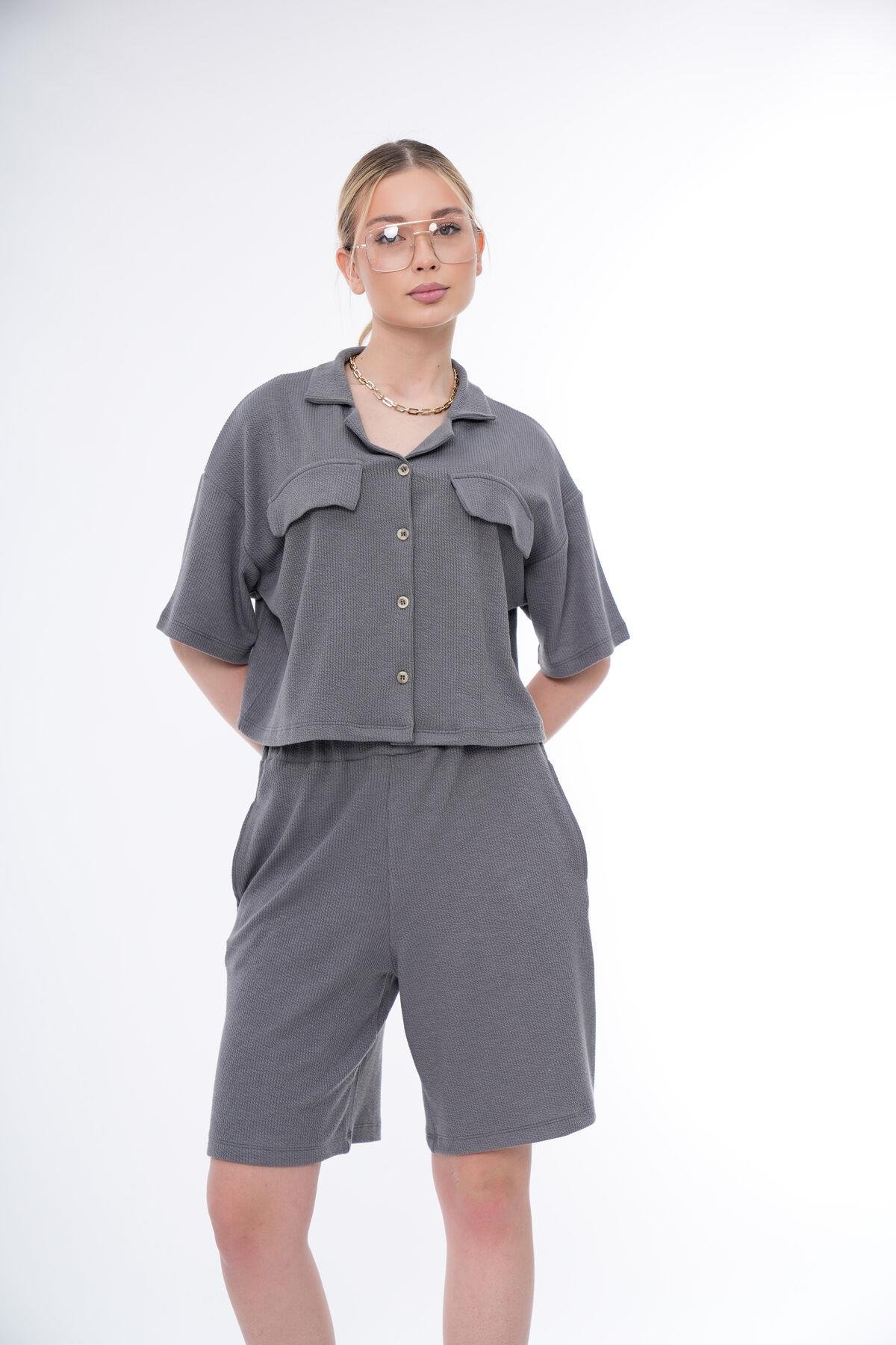 Basic Rahat Kalıp Crop Şort Takım 25044