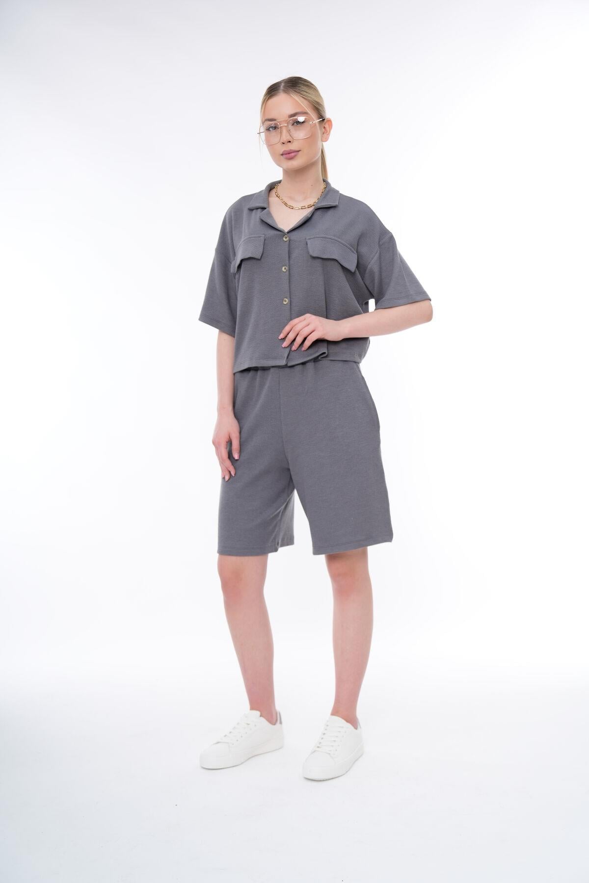 Basic Rahat Kalıp Crop Şort Takım 25044