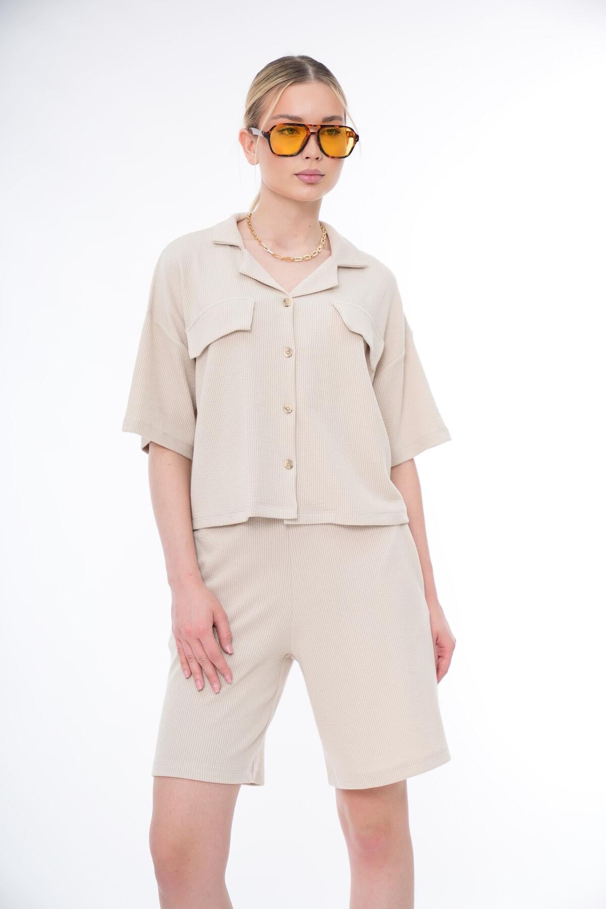 Basic Rahat Kalıp Crop Şort Takım 25044