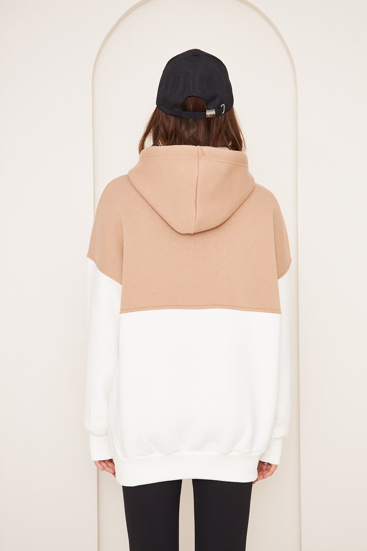 Kadın 3 Iplik Içi Şardonlu Kapşonlu Uzun Oversize Sweatshirt Vizon