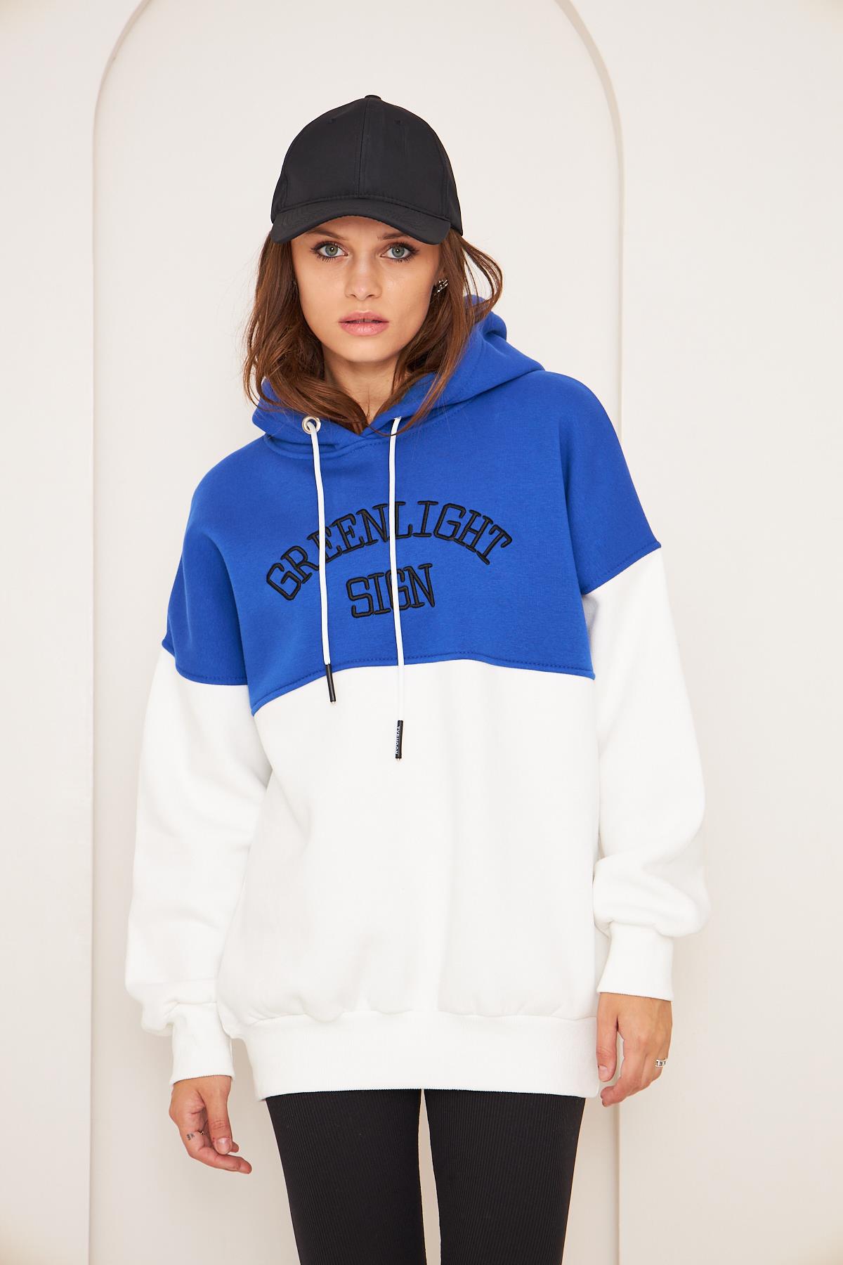 Kadın 3 Iplik Içi Şardonlu Kapşonlu Uzun Oversize Sweatshirt Saks