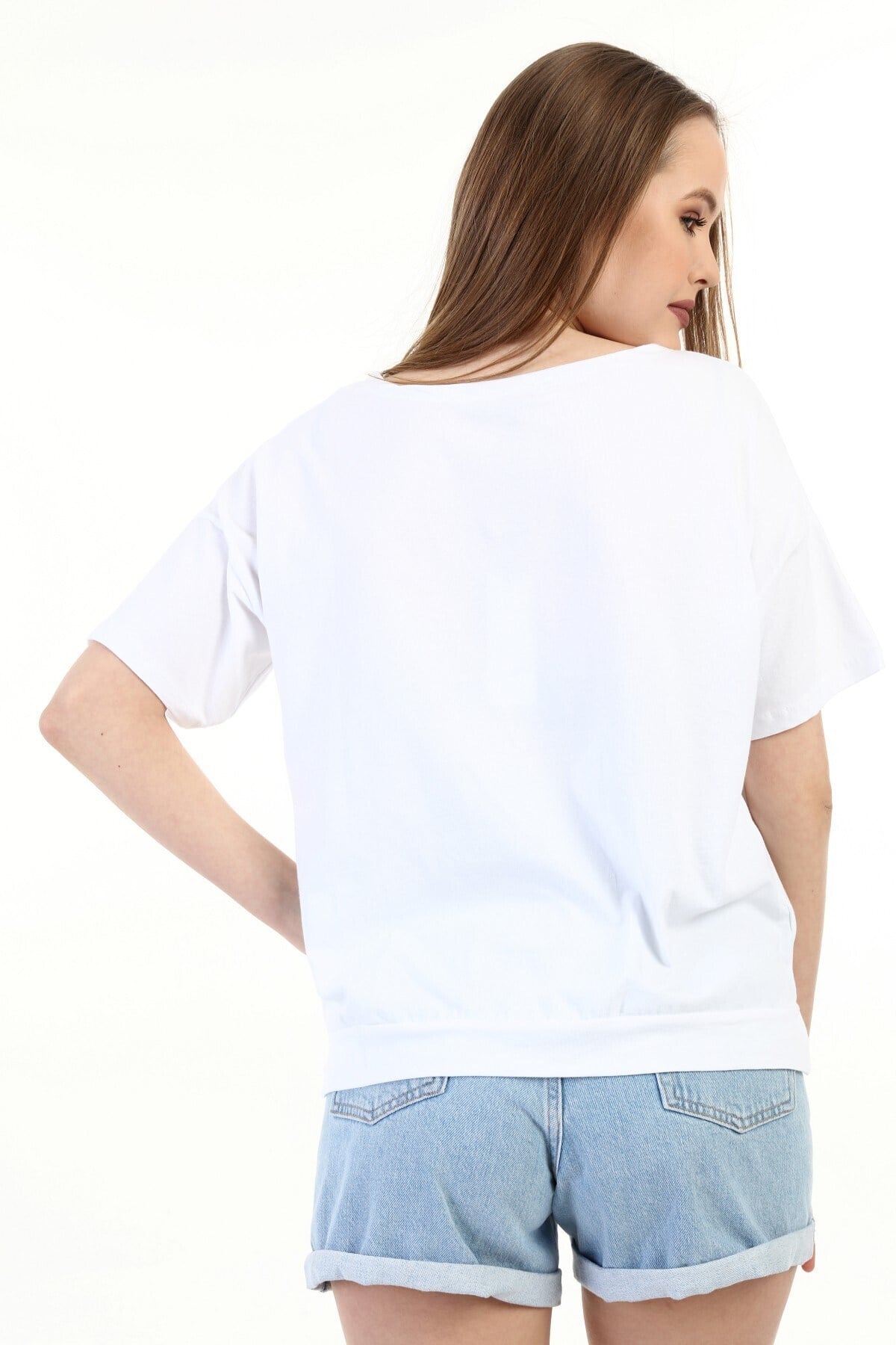 Kadın Baskılı Taşlı Beyaz T-shirt 20009