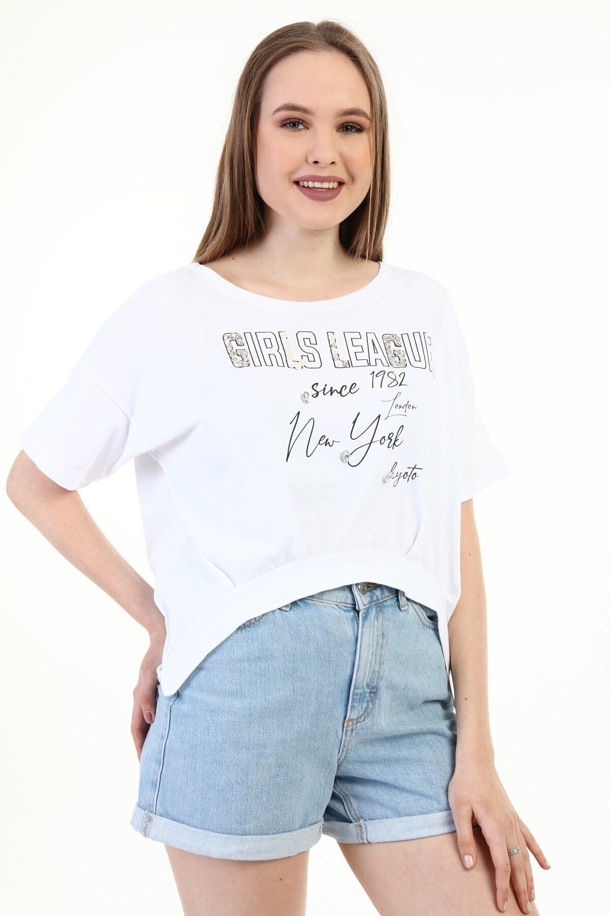 Kadın Baskılı Taşlı Beyaz T-shirt 20009