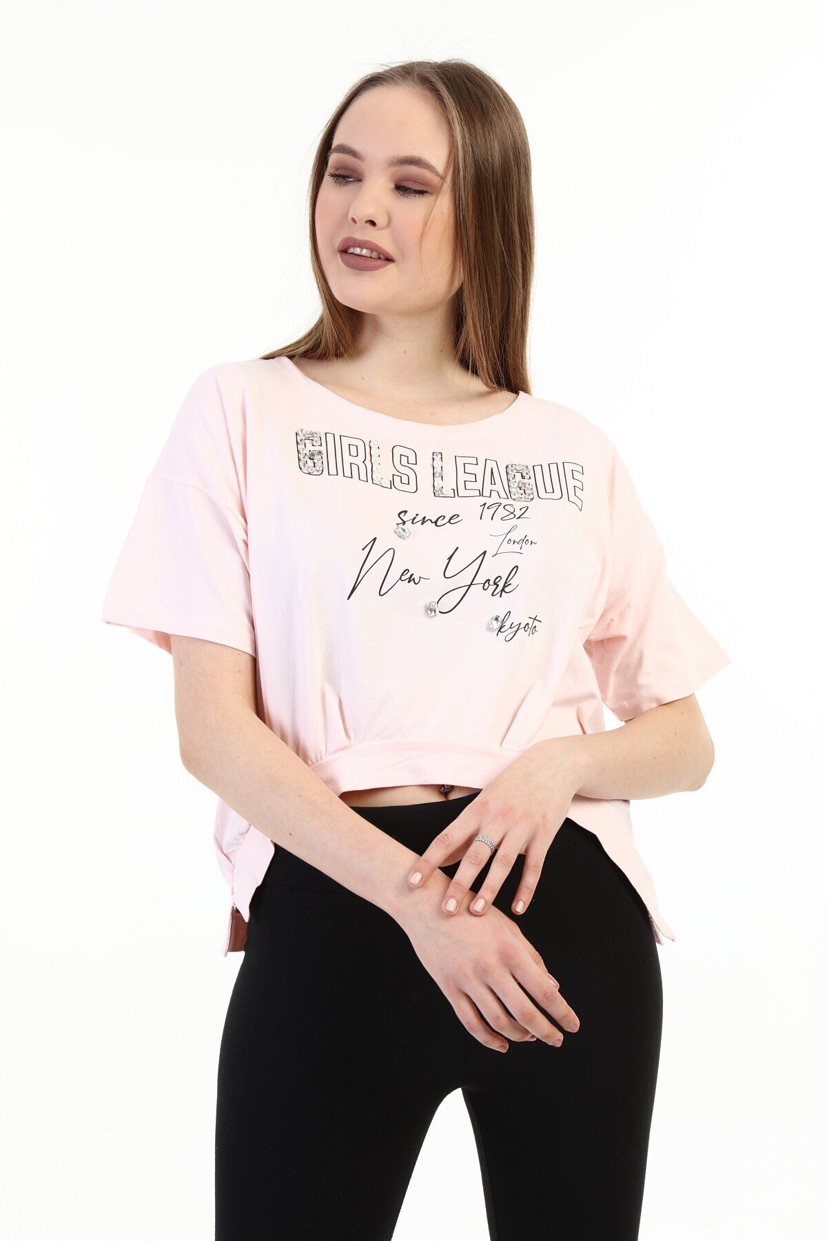 Kadın Baskılı Taşlı Pudra T-shirt 20009