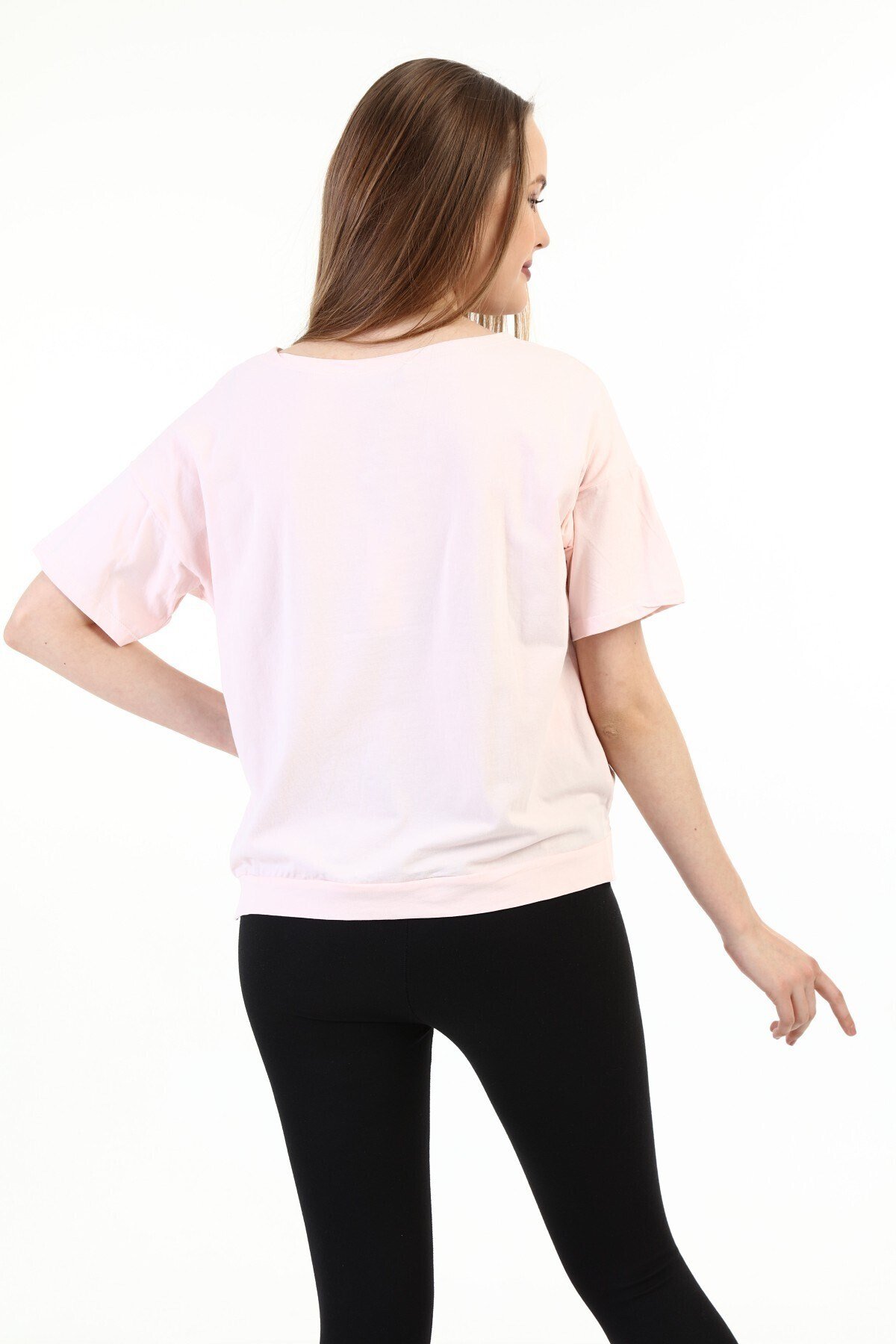 Kadın Baskılı Taşlı Pudra T-shirt 20009