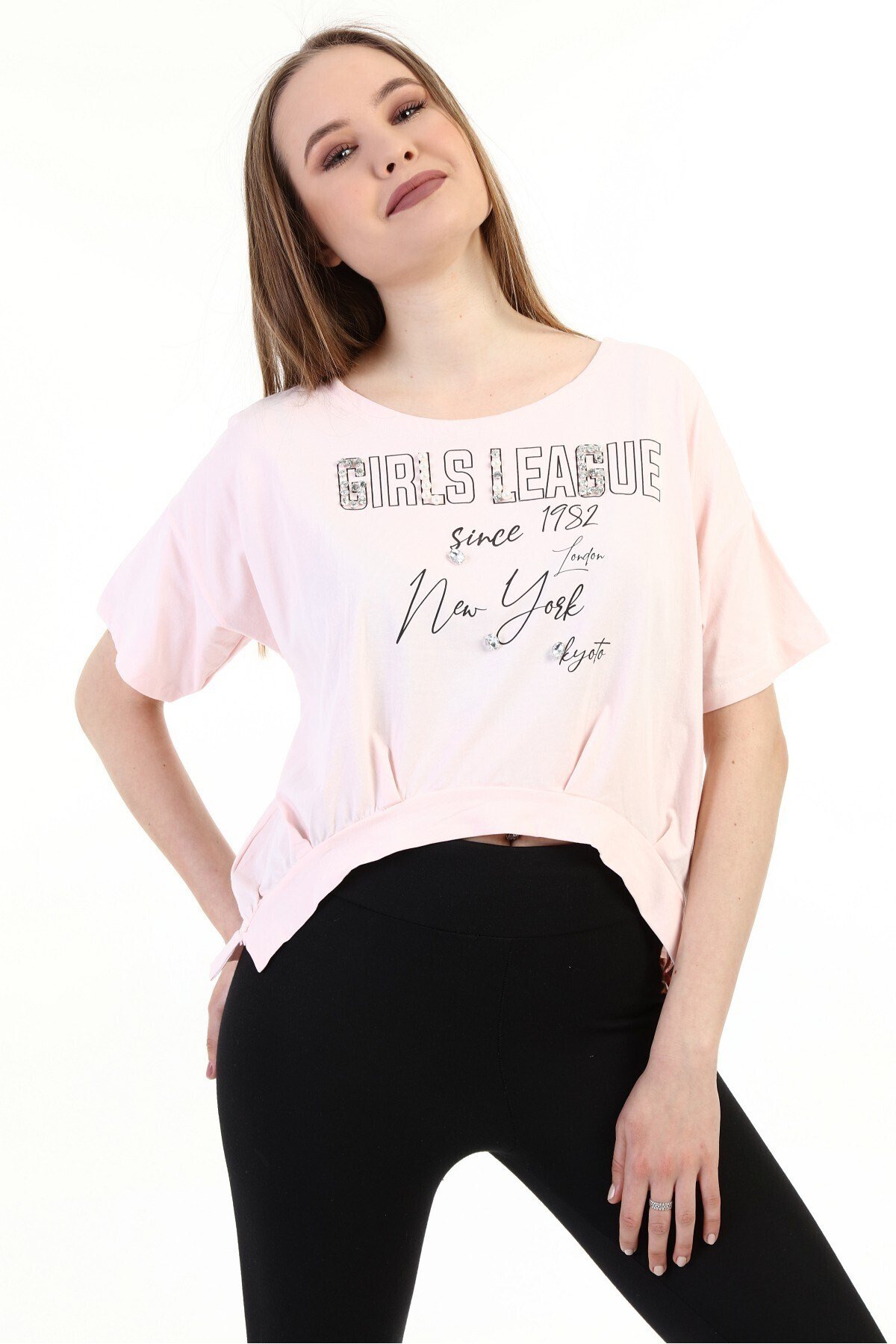 Kadın Baskılı Taşlı Pudra T-shirt 20009