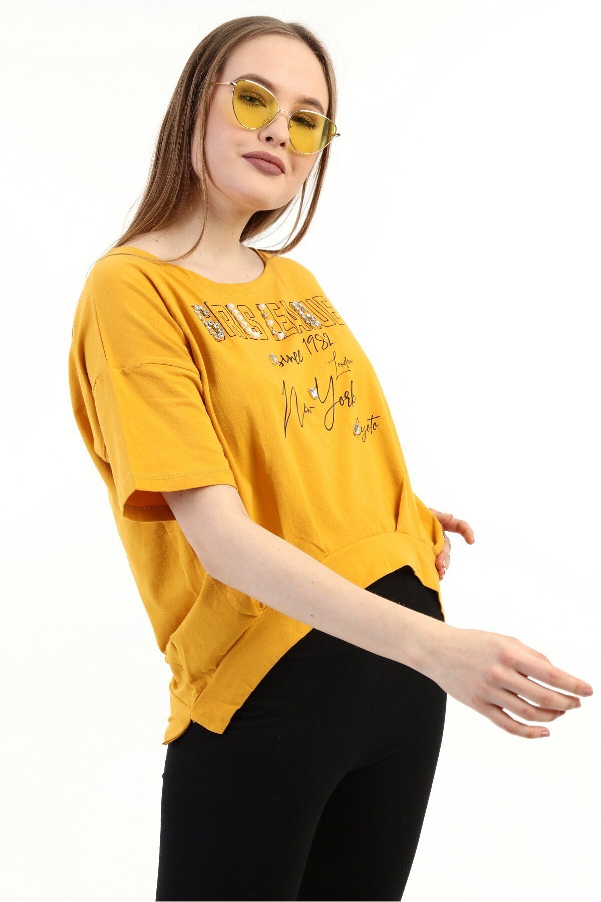 Kadın Baskılı Taşlı Sarı T-shirt 20009
