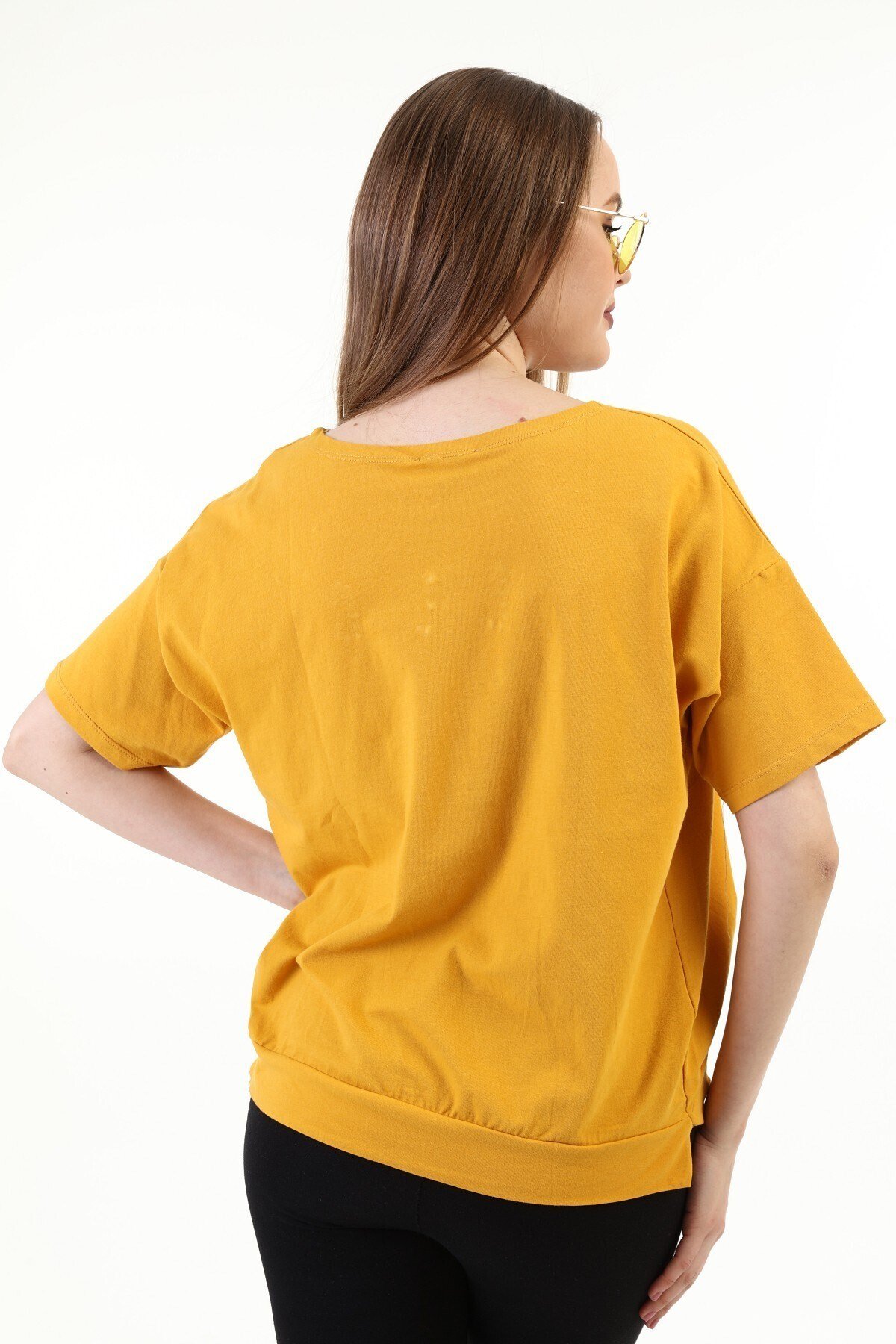 Kadın Baskılı Taşlı Sarı T-shirt 20009