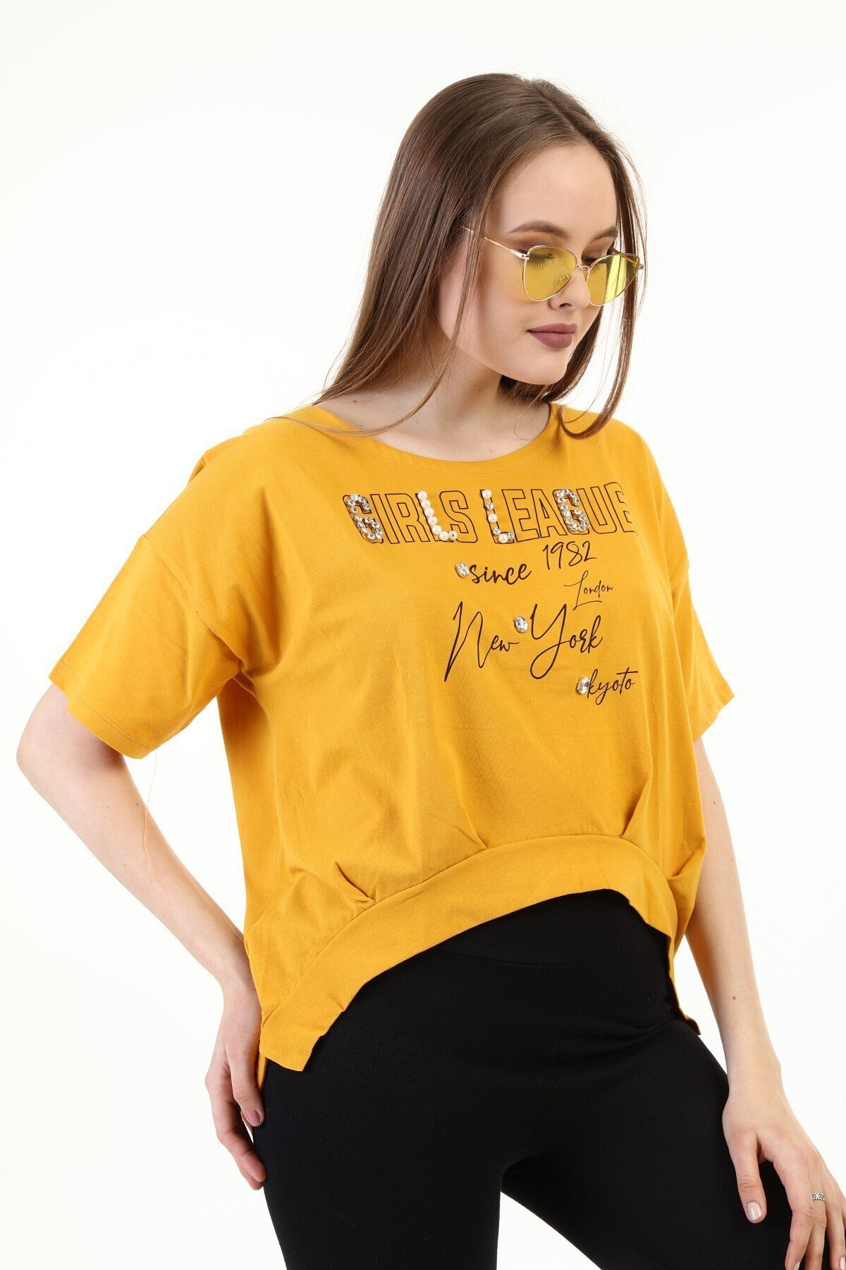 Kadın Baskılı Taşlı Sarı T-shirt 20009