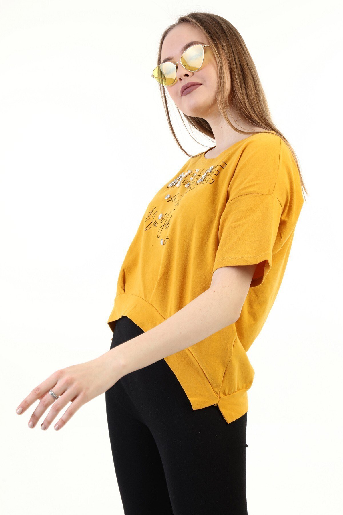 Kadın Baskılı Taşlı Sarı T-shirt 20009