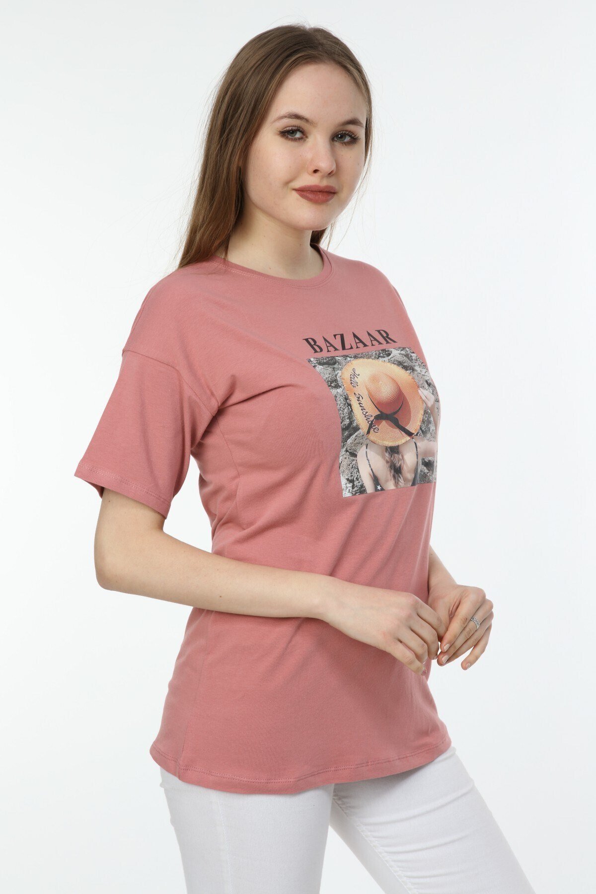 Kadın Bazaar Baskılı Gül Kurusu T-shirt 20093