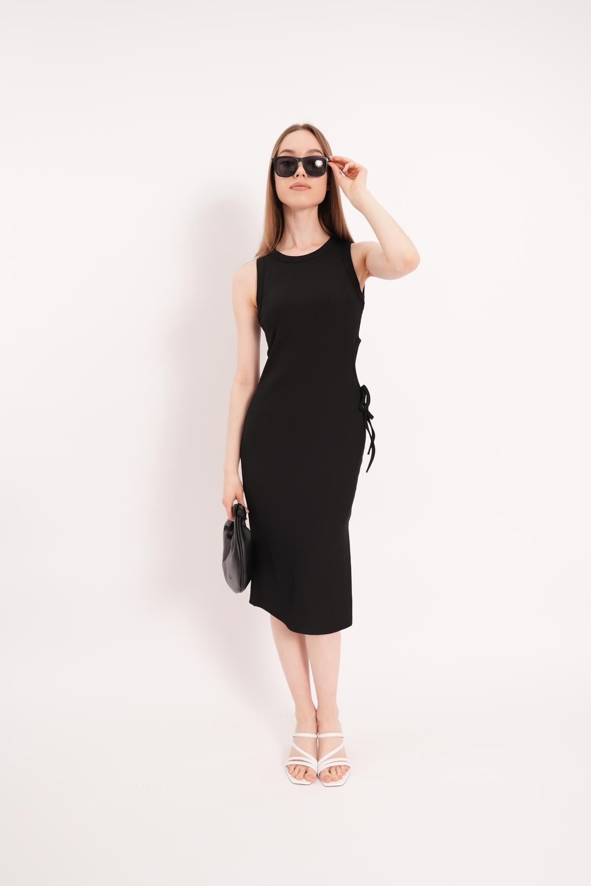 Kadın Bel Dekolteli Kaşkorse Yazlık Elbise Bodycon Yırtmaçlı  24061 Siyah