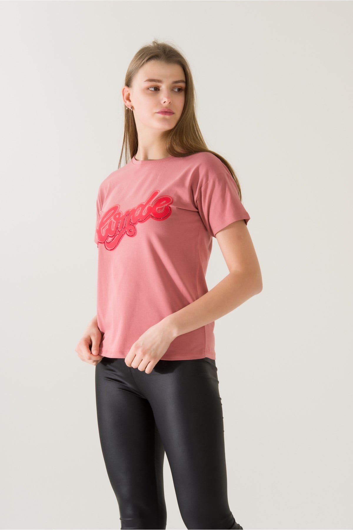 Kadın Blonde Baskılı Gül Kurusu T-shirt 21005
