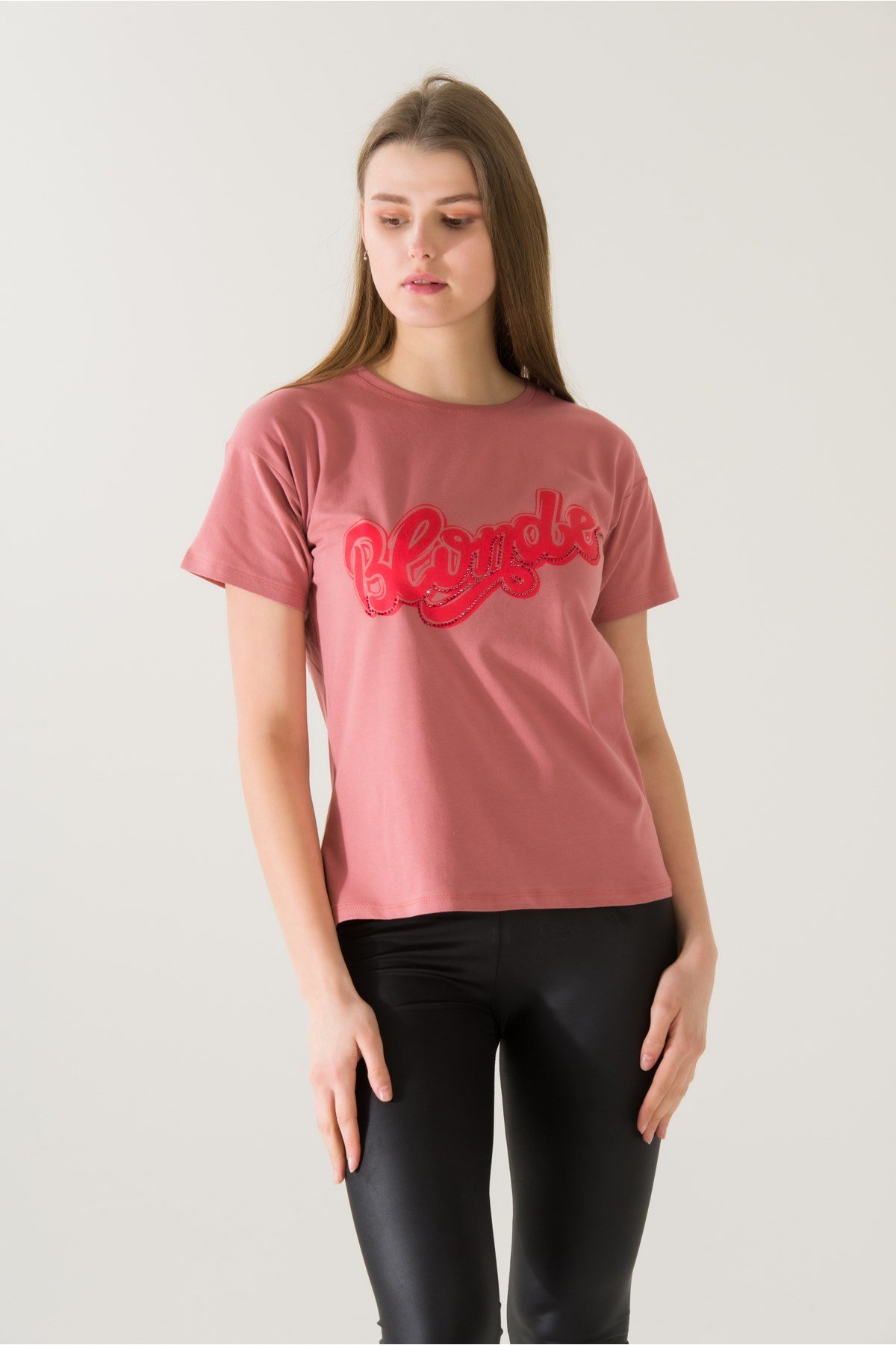 Kadın Blonde Baskılı Gül Kurusu T-shirt 21005