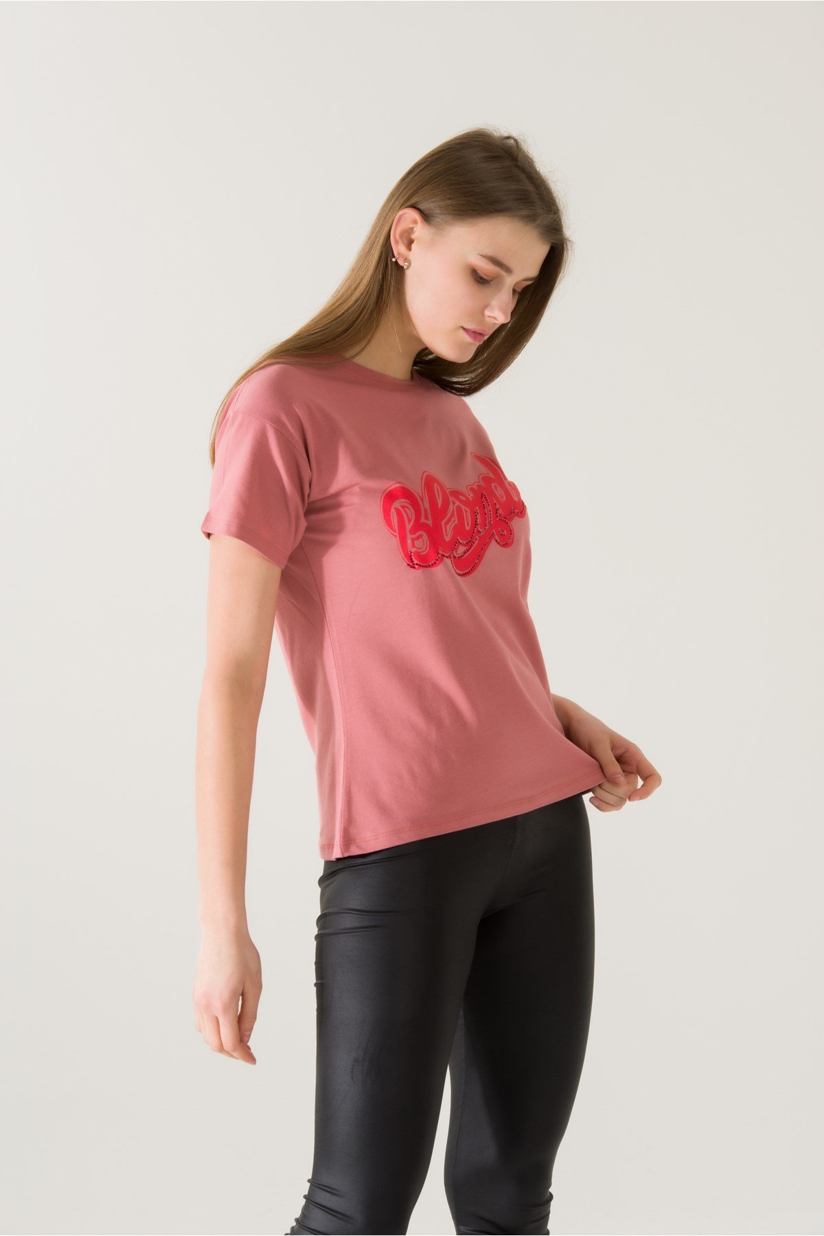 Kadın Blonde Baskılı Gül Kurusu T-shirt 21005