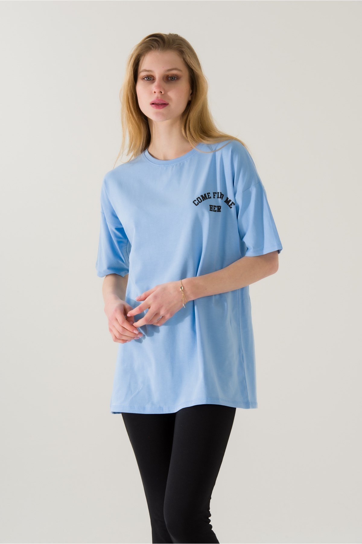 Kadın Come Find Mavi Baskılı T-shirt 21014 Mavi
