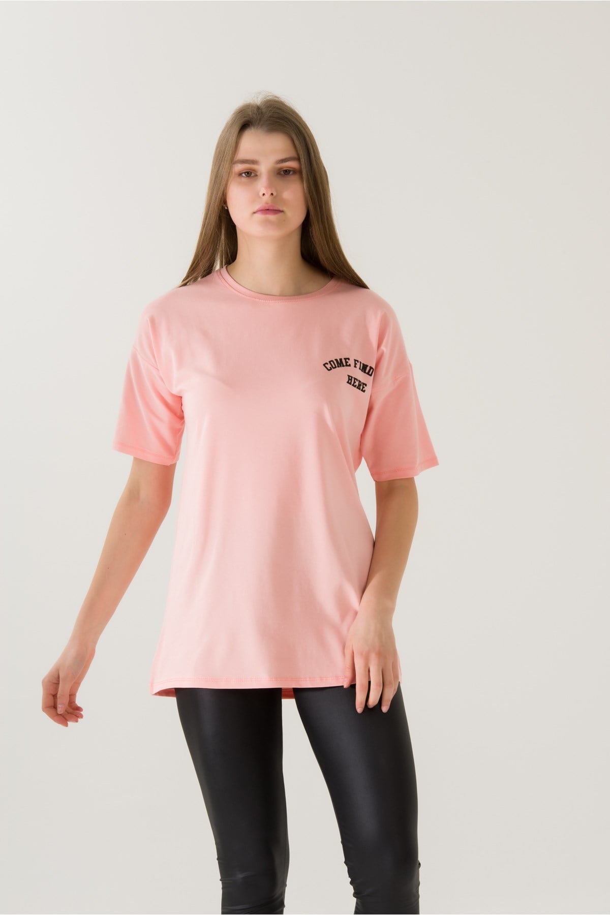 Kadın Come Find Pudra Baskılı T-shirt 21014 Pudra