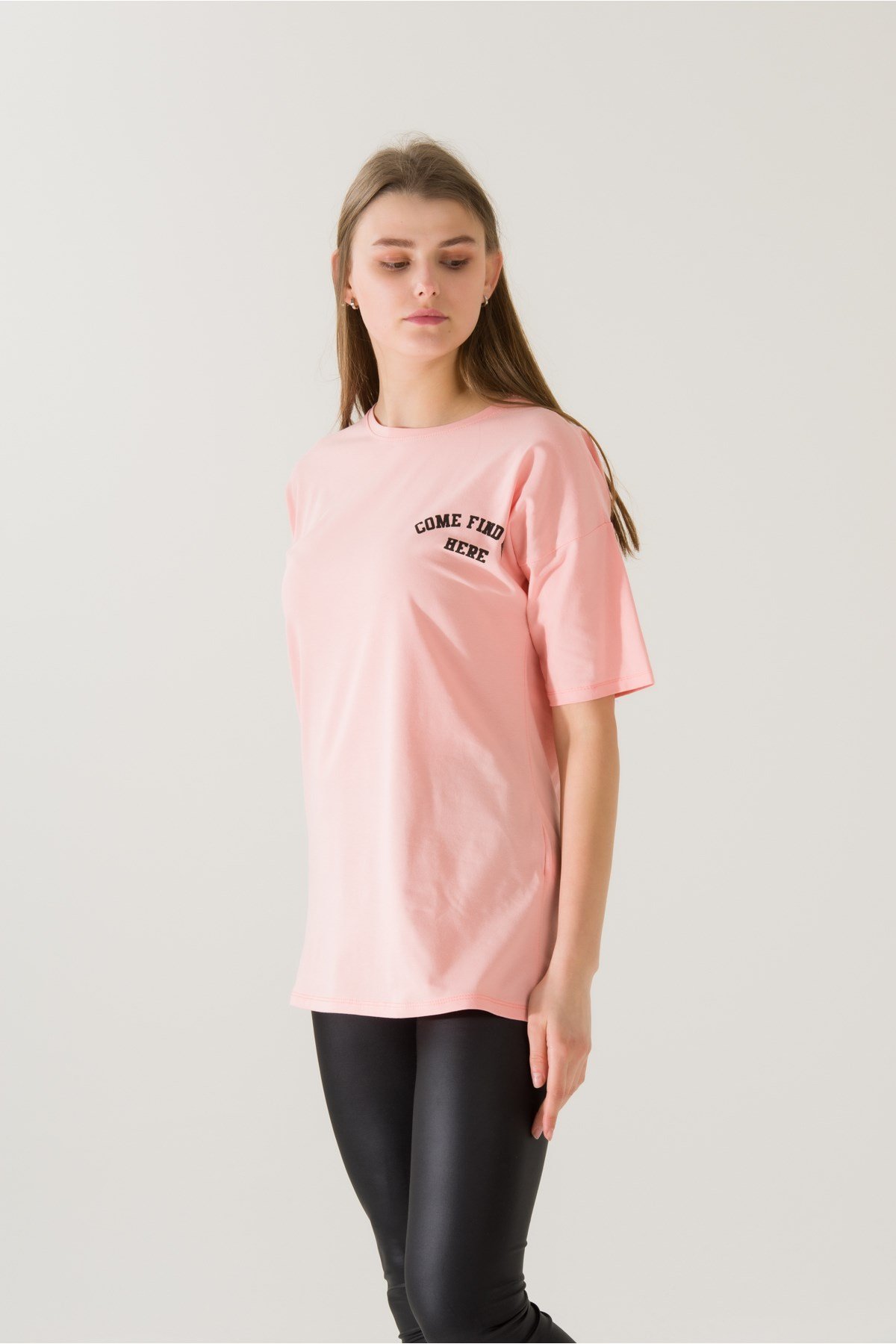 Kadın Come Find Pudra Baskılı T-shirt 21014 Pudra