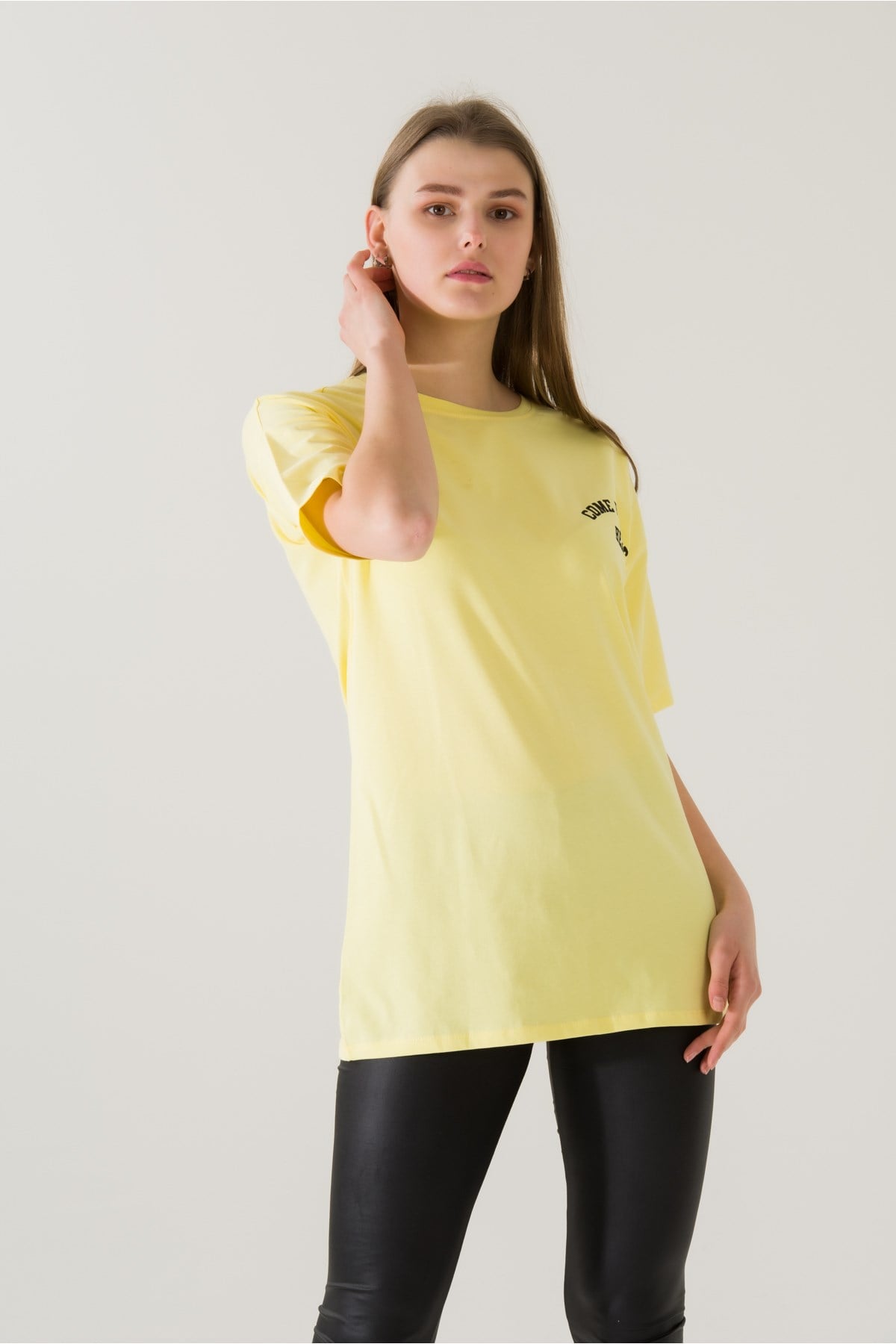 Kadın Come Find Sarı Baskılı T-shirt 21014 Sarı