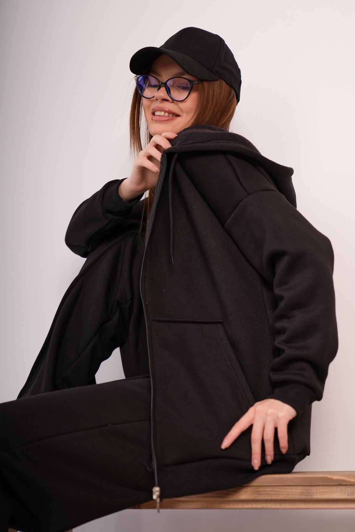 KADIN KAPŞONLU FERMUARLI OVERSİZE SWEAT 3 İPLİK ŞARDONLU 25593