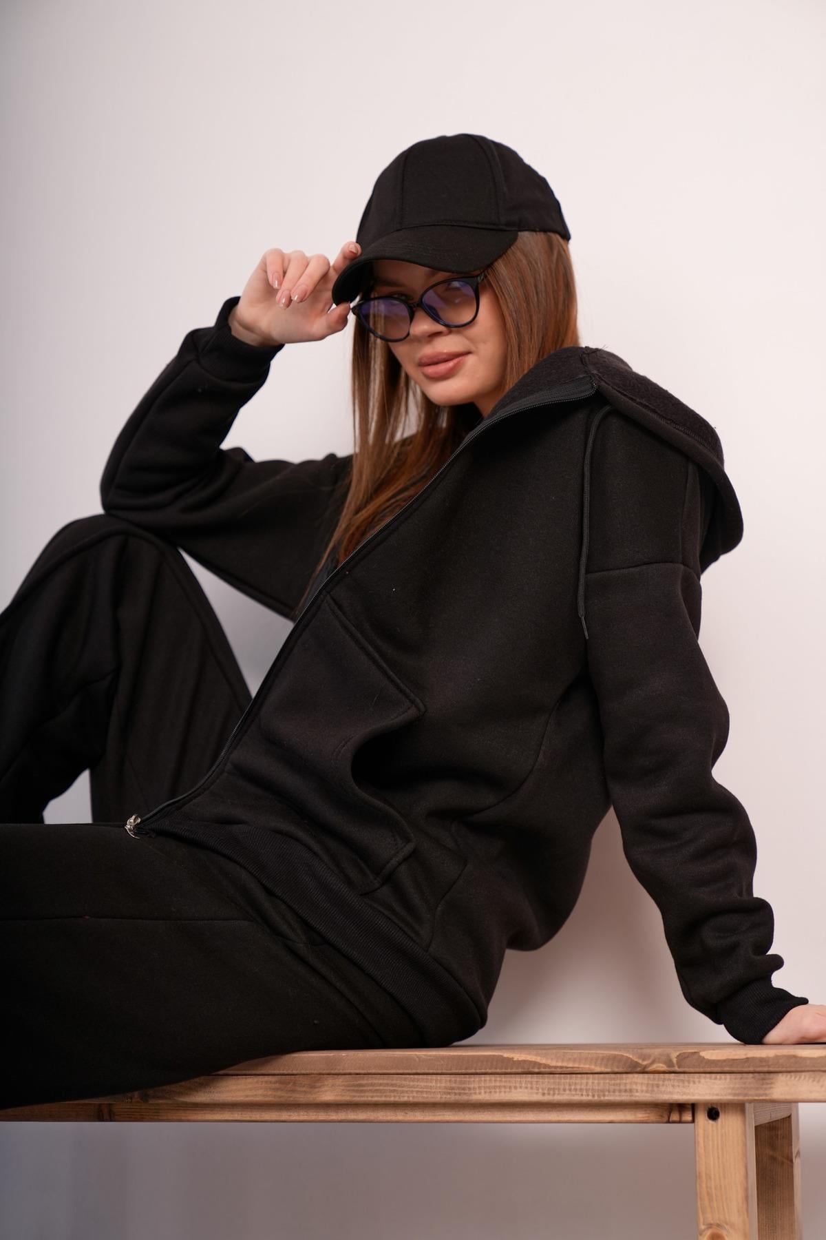 KADIN KAPŞONLU FERMUARLI OVERSİZE SWEAT 3 İPLİK ŞARDONLU 25593