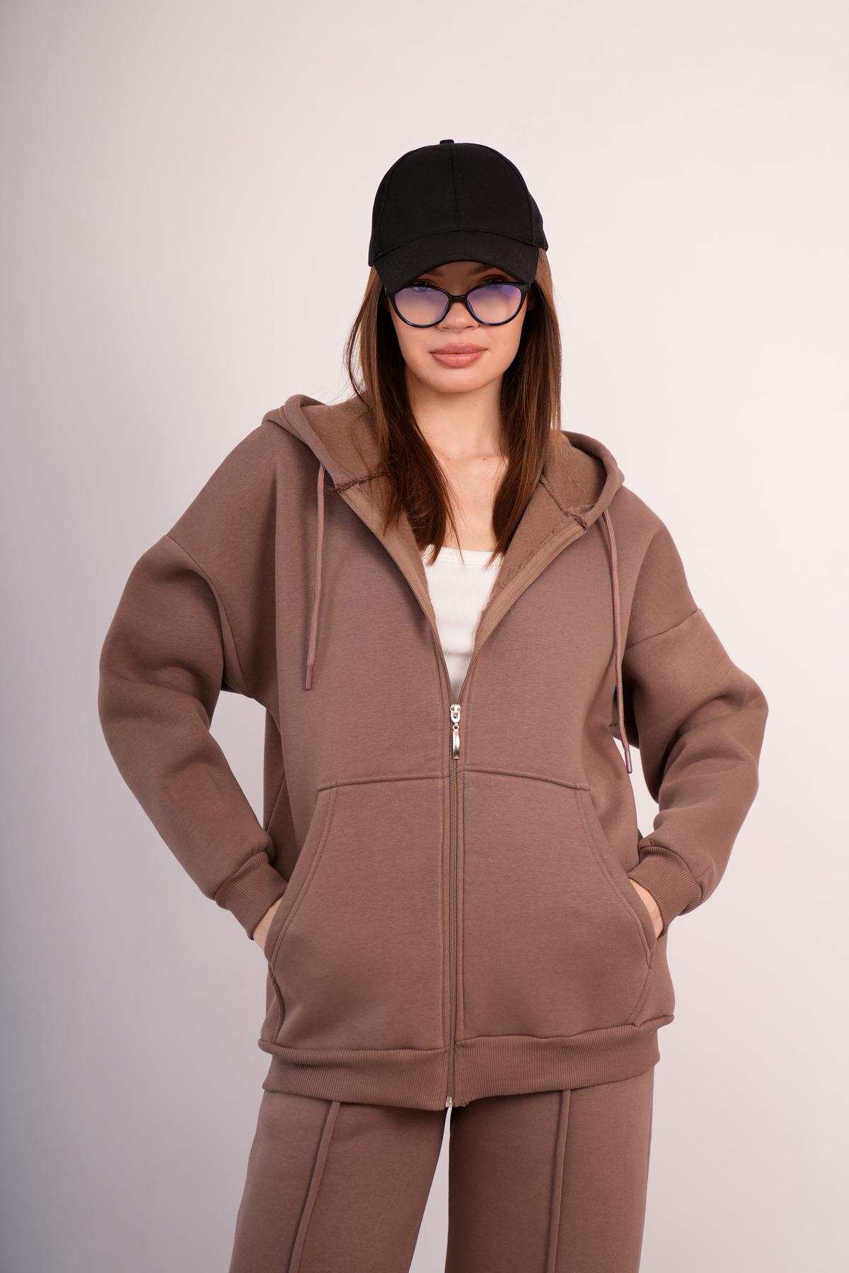 KADIN KAPŞONLU FERMUARLI OVERSİZE SWEAT 3 İPLİK ŞARDONLU 25593