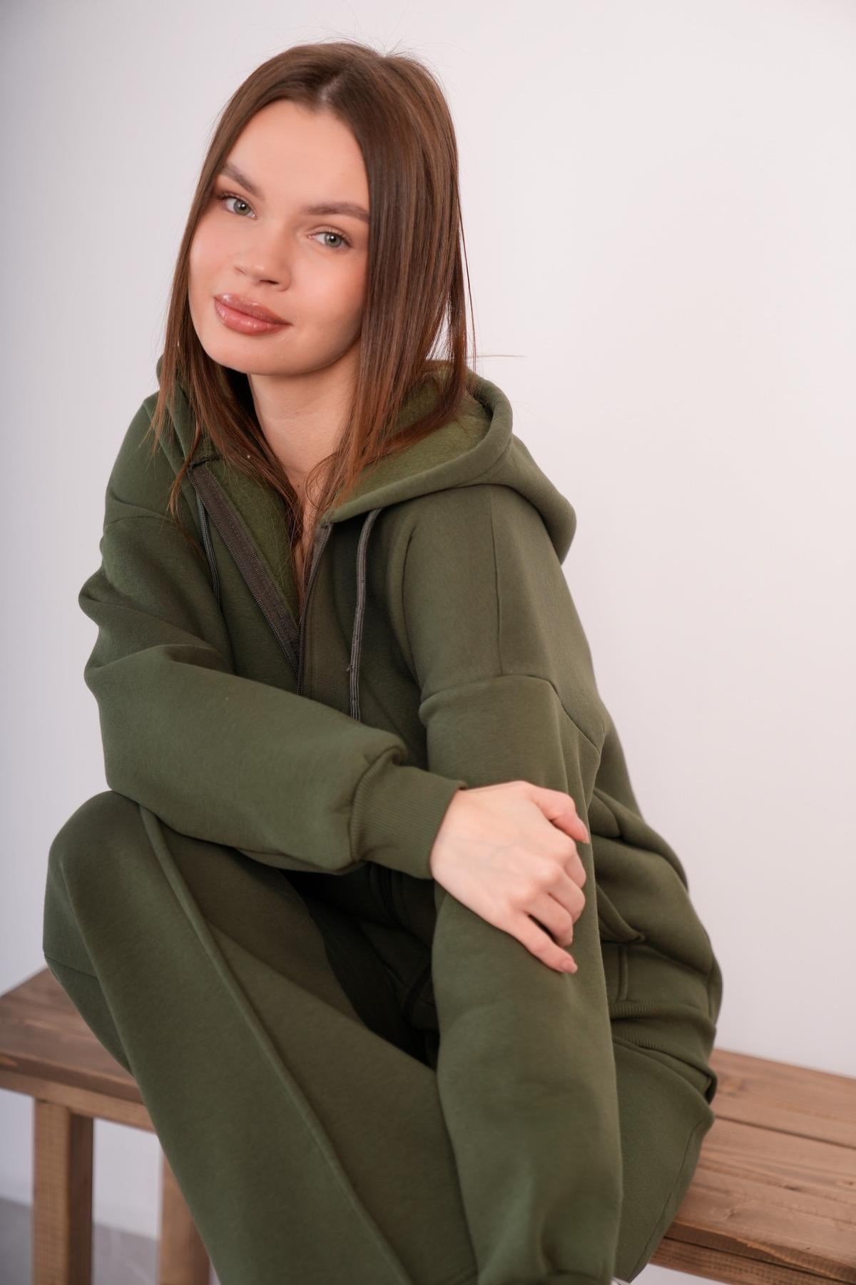 KADIN KAPŞONLU FERMUARLI OVERSİZE SWEAT 3 İPLİK ŞARDONLU 25593